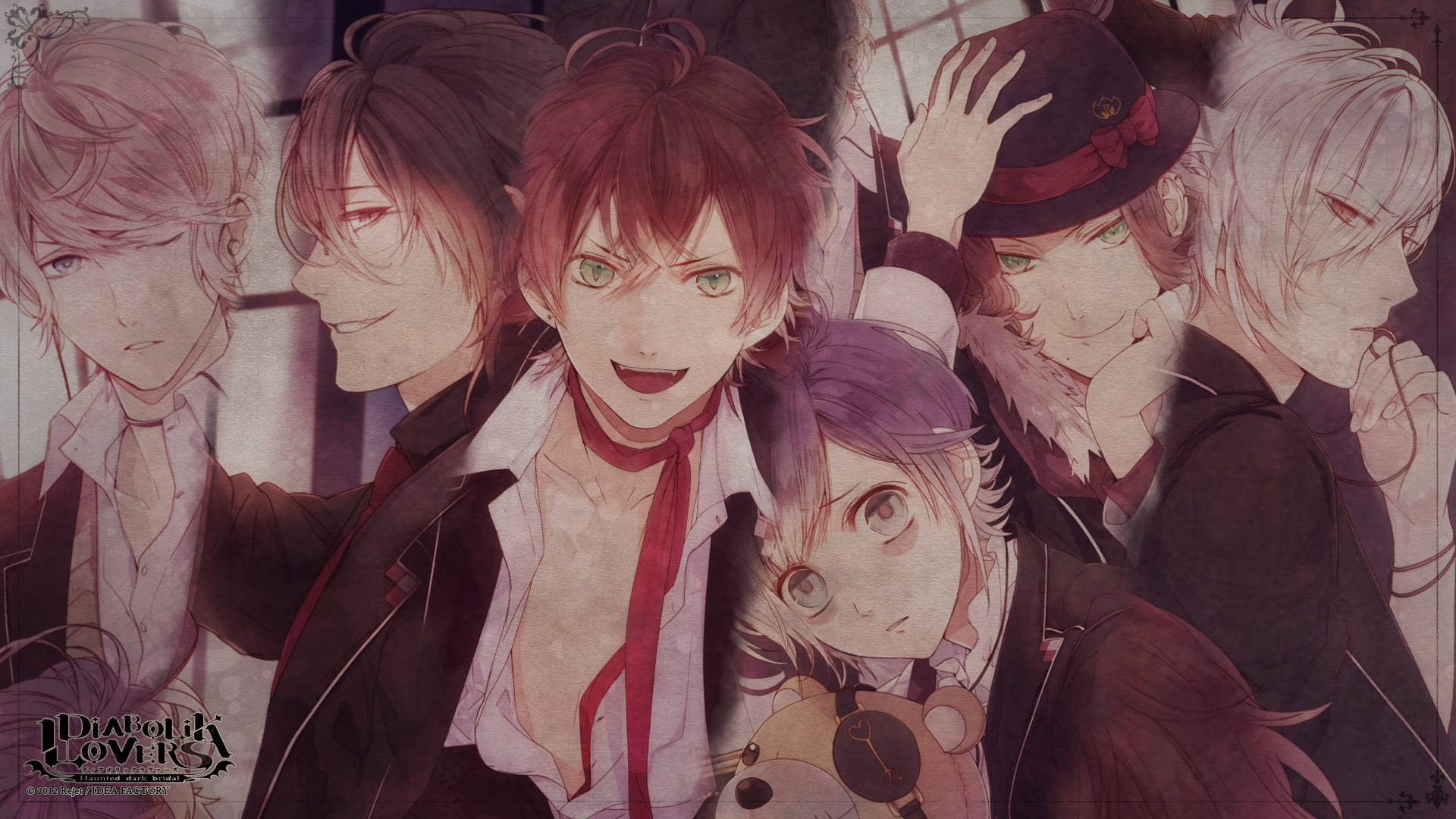 Diabolik Lovers 古風藝術 壁紙 — 一群擁有不同髮色和表情的動漫角色，在暖色調的風格化插圖中緊密聚集。