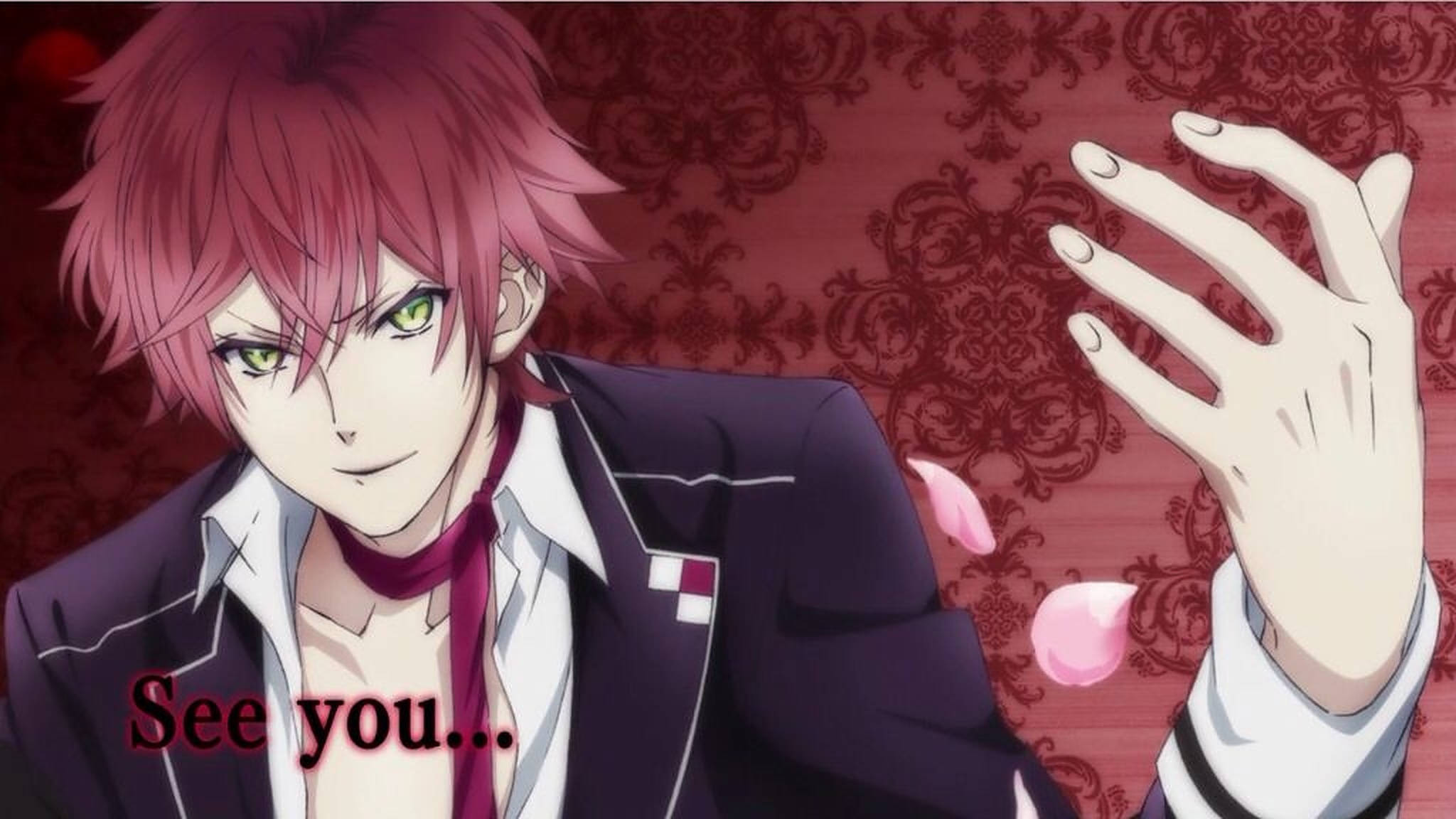Diabolik Lovers 神川 Ayato 華麗圖案海報 壁紙 — 一位紅髮綠眼的動畫男性穿著深色西裝，在紅色錦緞壁紙前做手勢，粉紅色花瓣飄過。