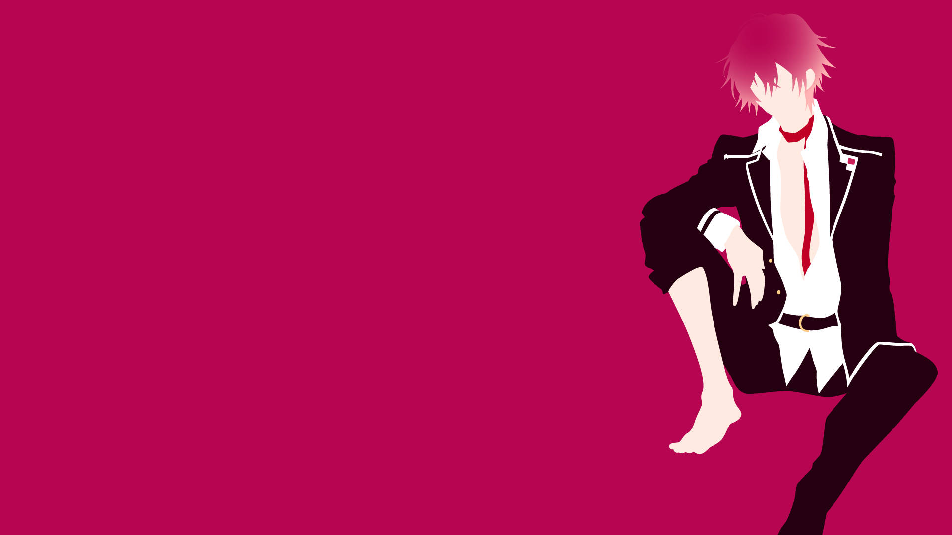 Diabolik Lovers Ayato 最簡主義藝術 壁紙 — 一個風格化的動漫男孩，粉紅色頭髮，穿著黑色西裝，隨意地坐在純洋紅色背景前。