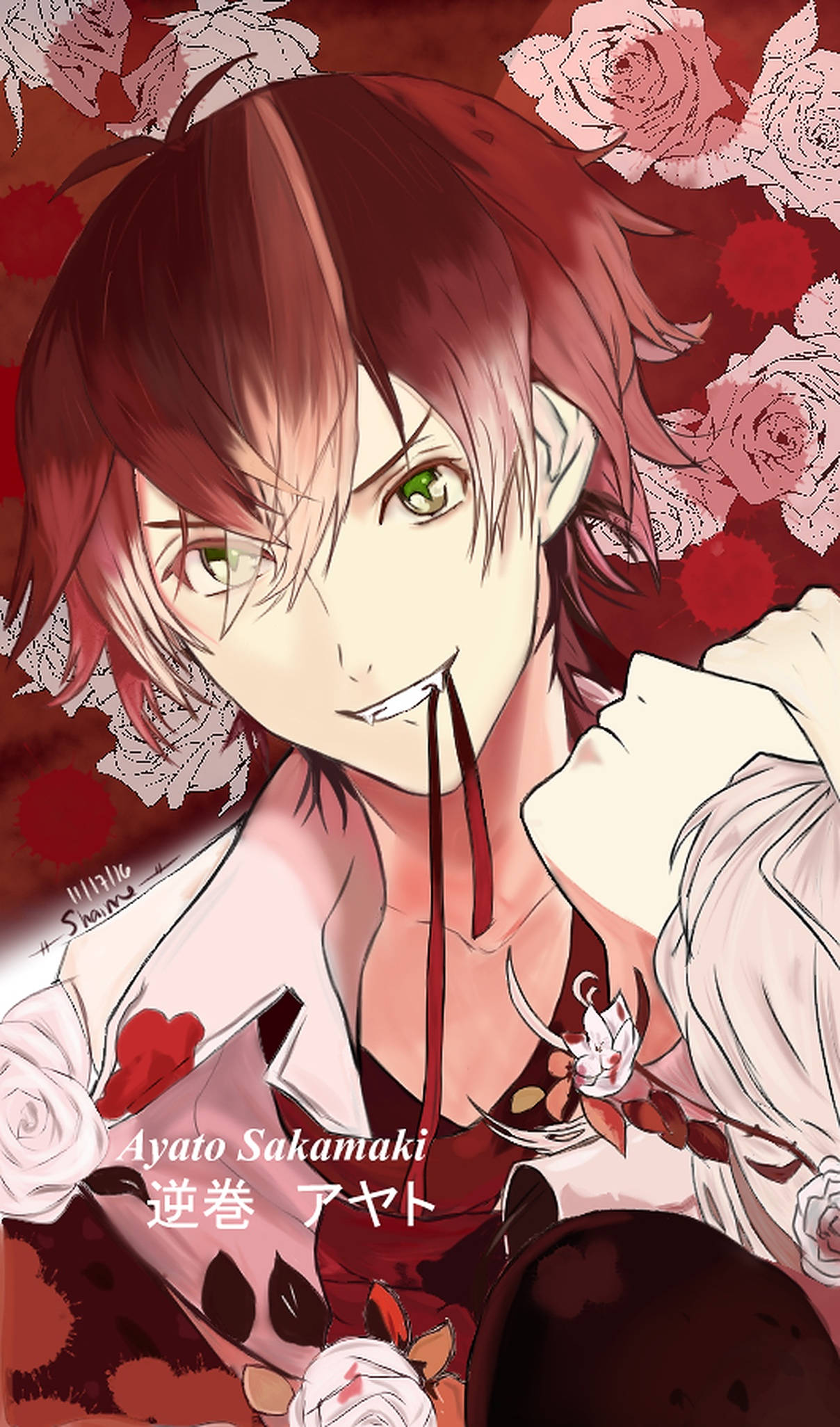 Diabolik Lovers Ayato Sakamaki 紅色藝術 壁紙 — 動漫角色逆卷綾人微笑，嘴唇滴著血，背景是紅白玫瑰。