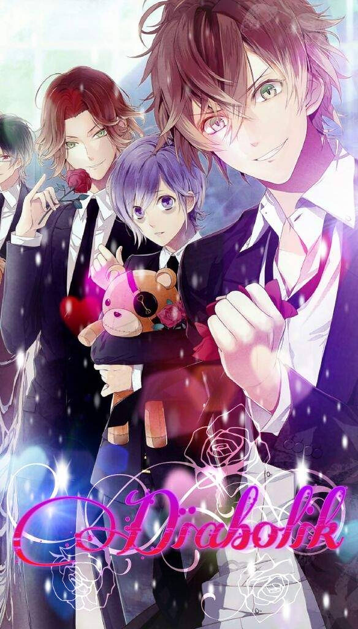 Diabolik Lovers 關鍵藝術 壁紙 — 四個穿著西裝的動畫男人一起站在飄雪中，手持玫瑰和泰迪熊，帶有發光效果。