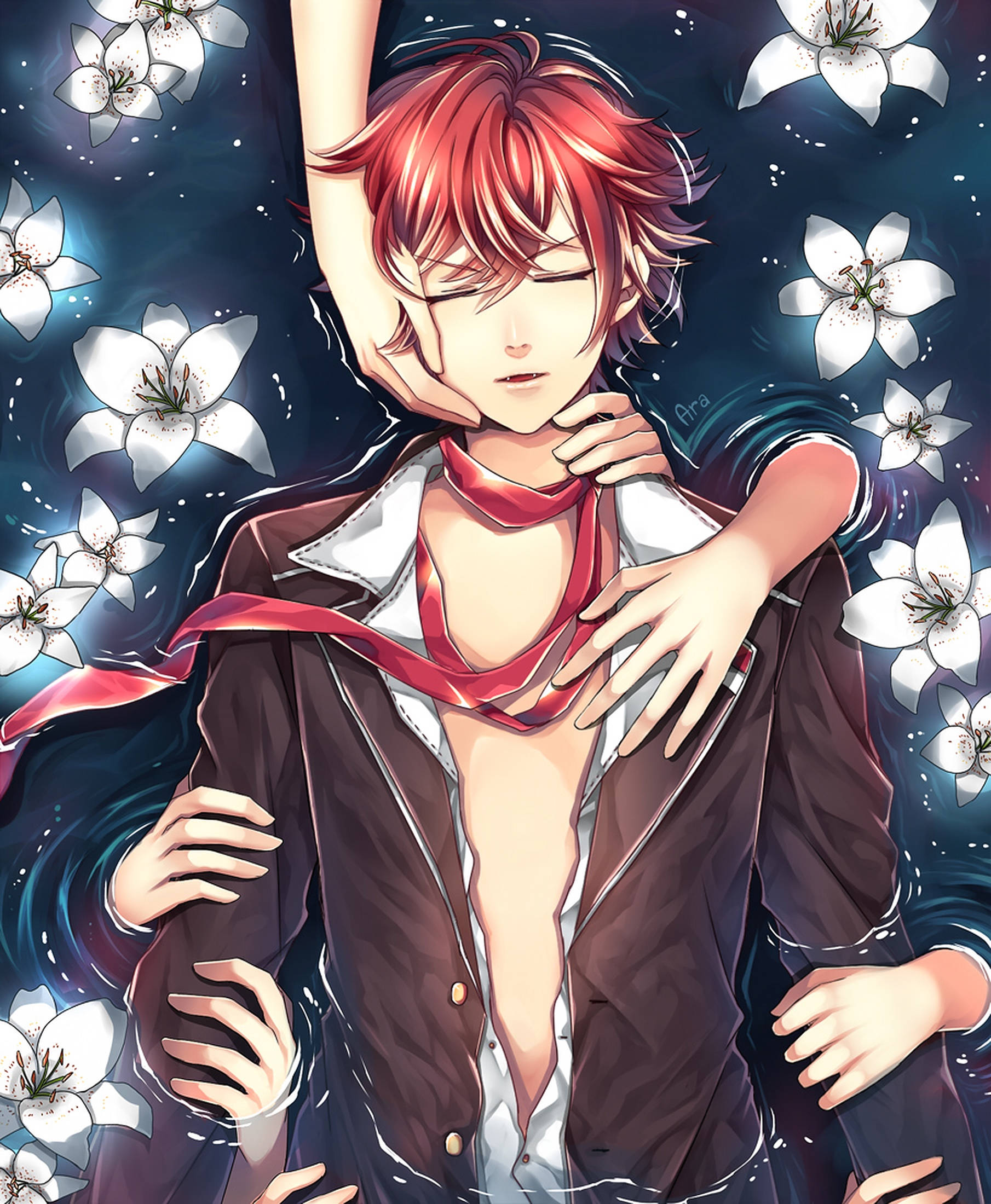 Diabolik Lovers 神川 Ayato 湖中浮影 壁紙 — 一個紅髮動漫男孩穿著深色外套，在星光燦爛的夜晚場景中漂浮在發光的白色百合花之間。