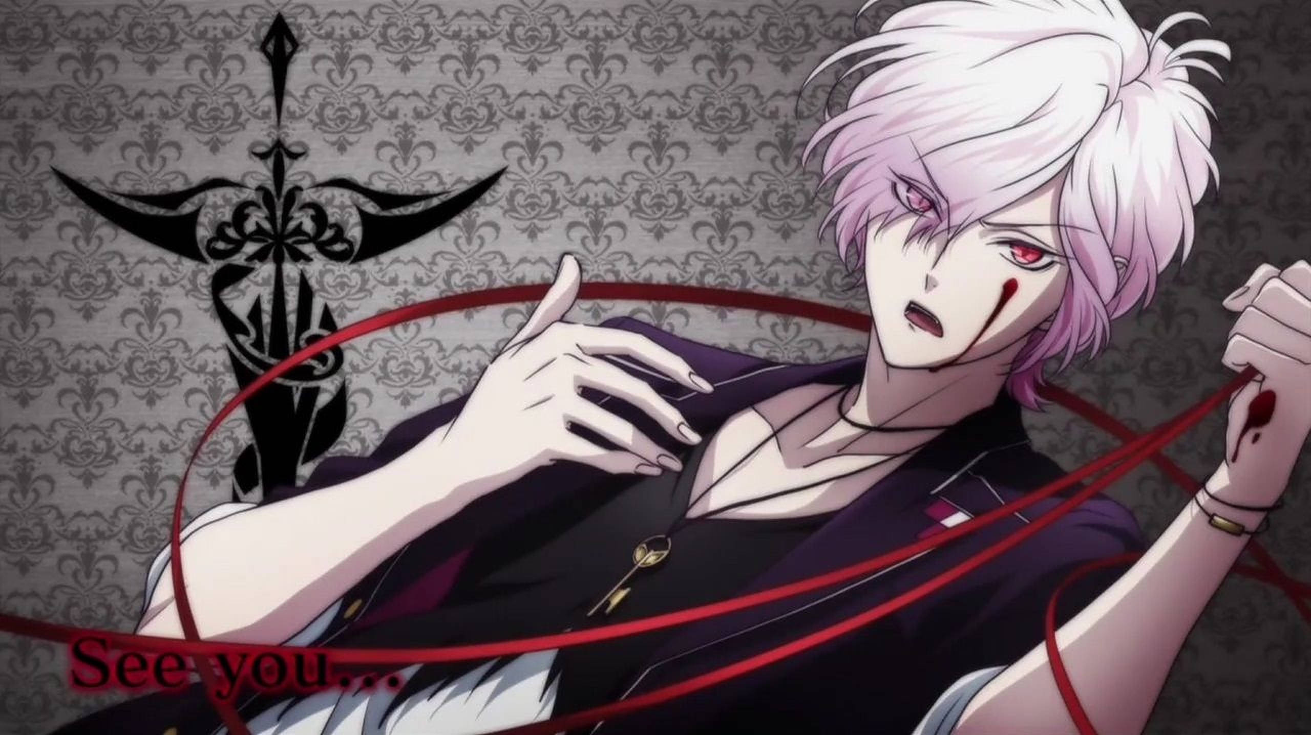 Diabolik Lovers 神川 Subaru 海報 壁紙 — 一個蒼白的動漫角色，白髮紅眼，在帶有黑色劍徽的錦緞壁紙前握著紅線。