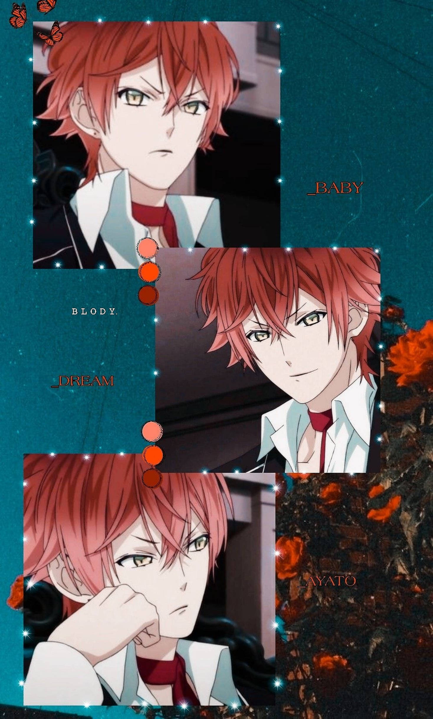 Diabolik Lovers 神川 Ayato 美學風格 壁紙 — 一張動漫角色肖像拼貼畫，紅髮綠眼，以帶有花卉裝飾的藍綠色背景襯托。