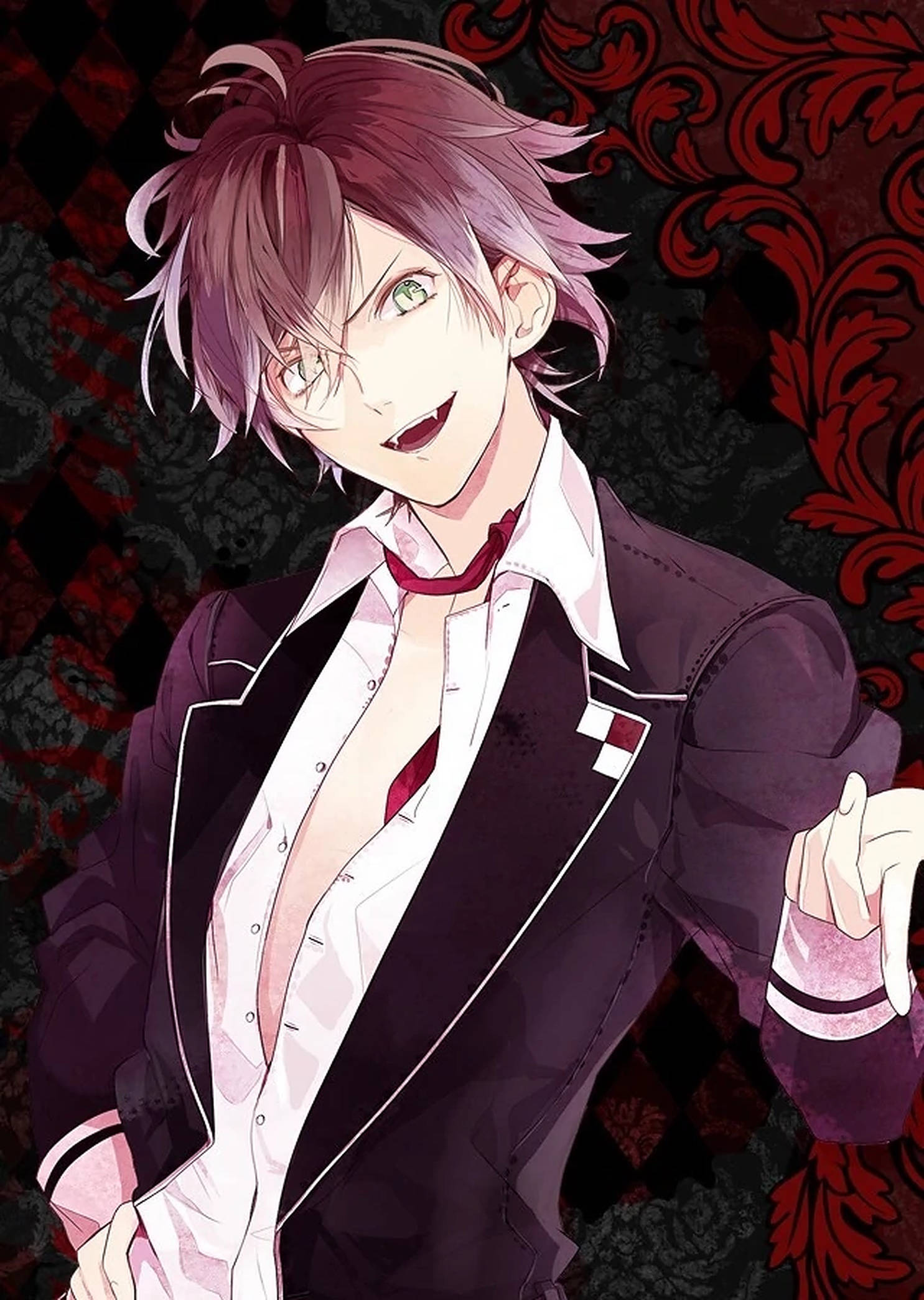 Diabolik Lovers 神川 Ayato 紅色海報 壁紙 — 一位自信的動畫男性，擁有粉紅色頭髮和綠色眼睛，穿著時尚的黑色西裝，在紅色和黑色華麗背景前微笑。
