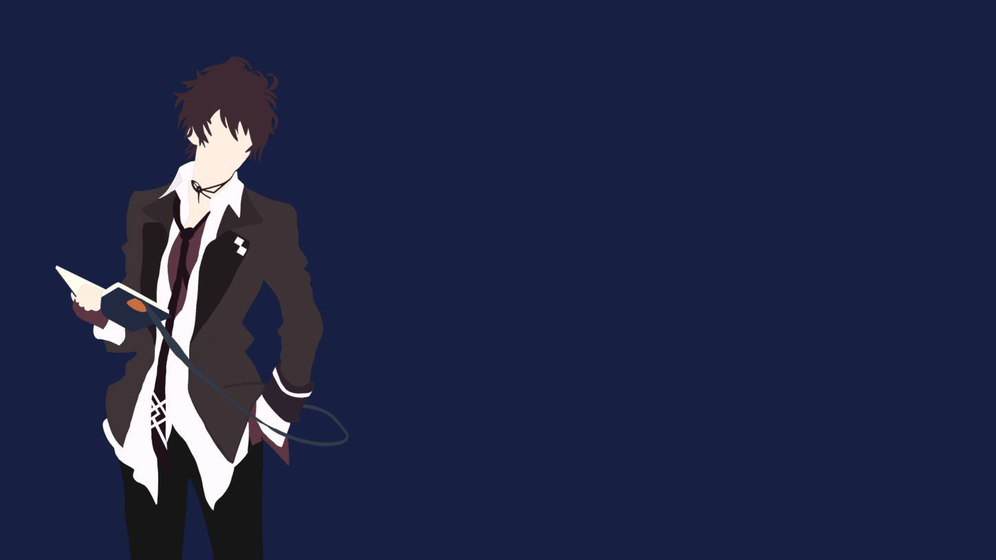 Diabolik Lovers Ruki 最簡主義藝術 壁紙 — 動漫角色身穿深色西裝，在深藍色背景前手持未來感裝置。