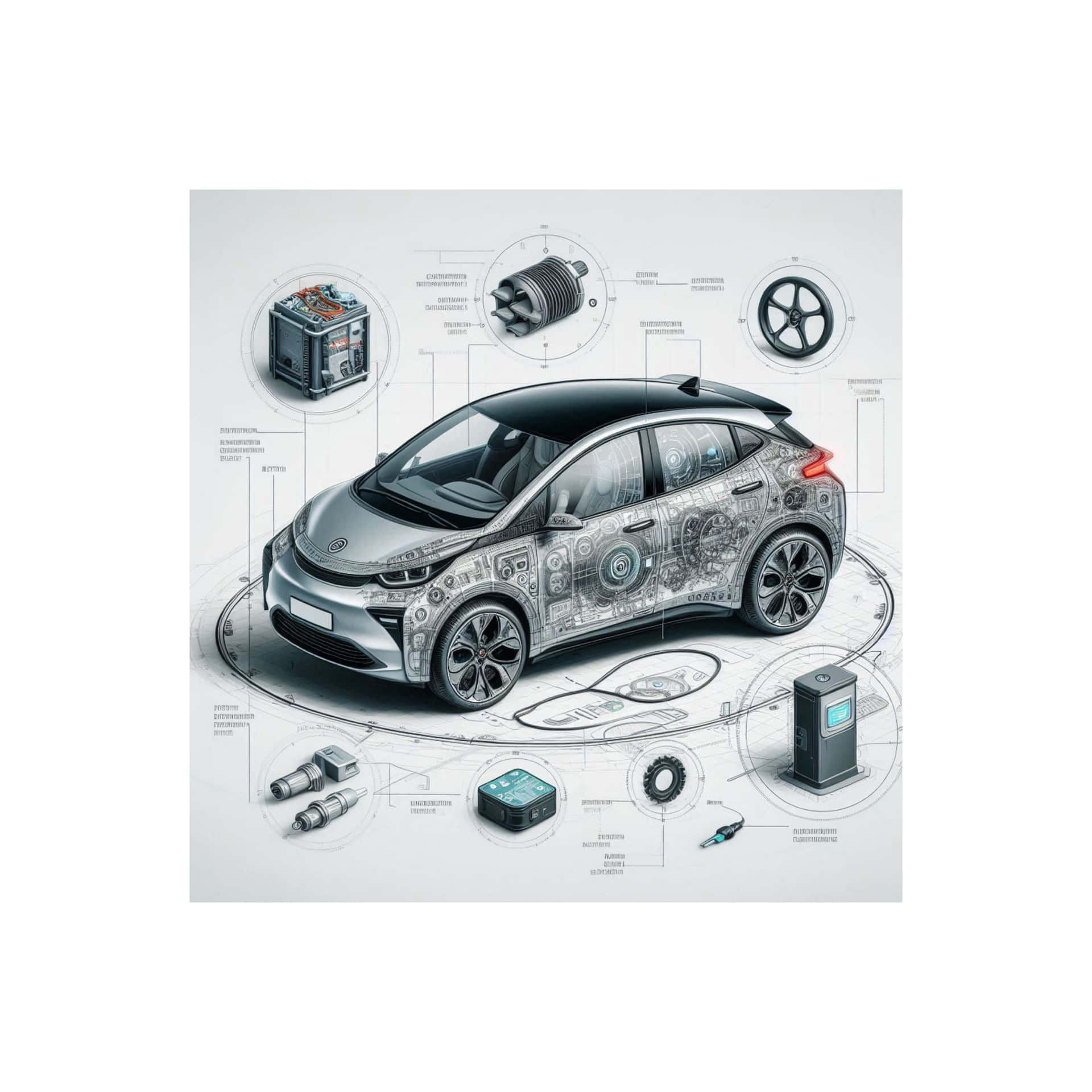 帶有標籤零件和周圍組件的電動車技術圖。