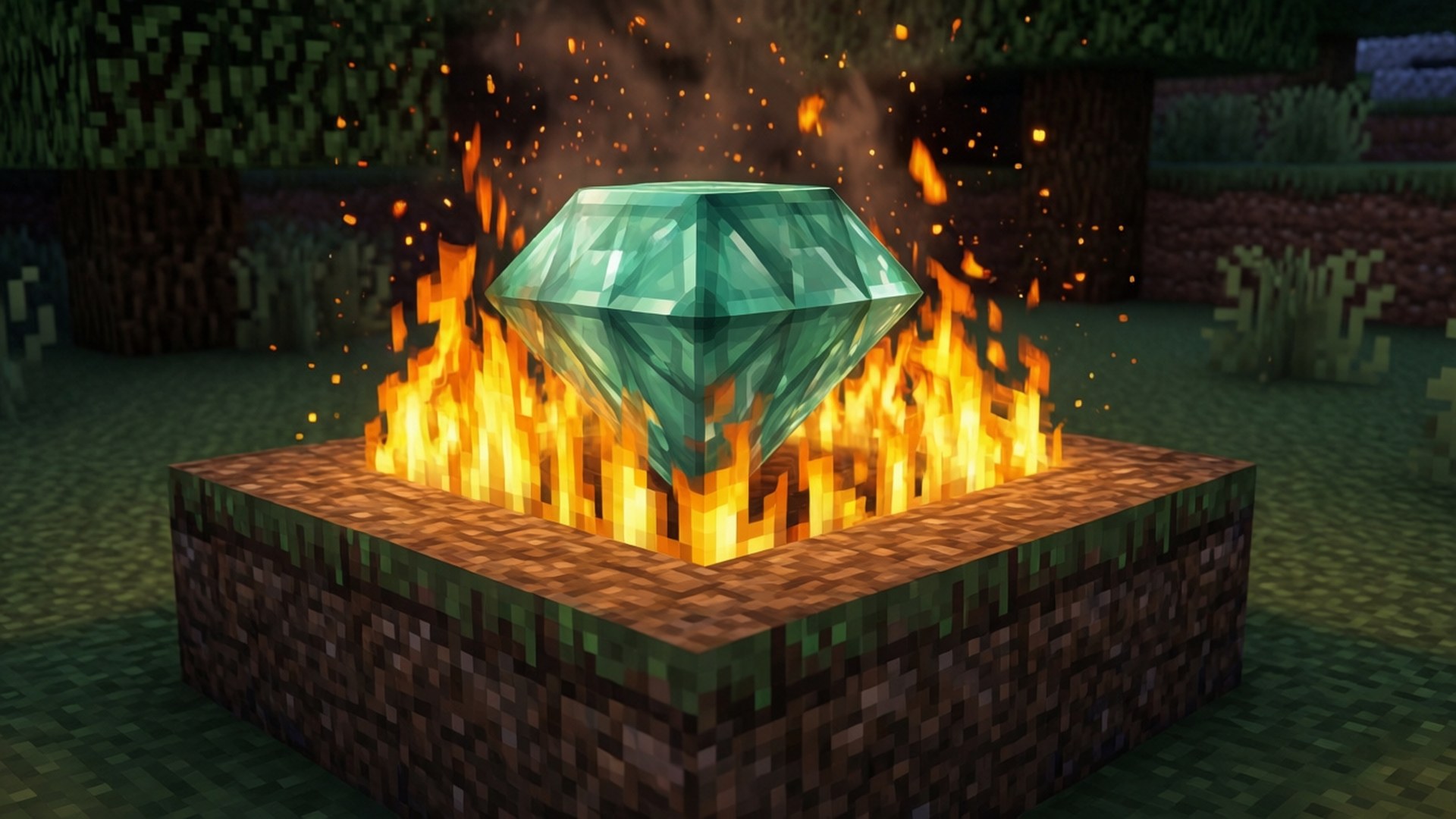 一顆發光的綠色鑽石在Minecraft的像素化火坑中燃燒。