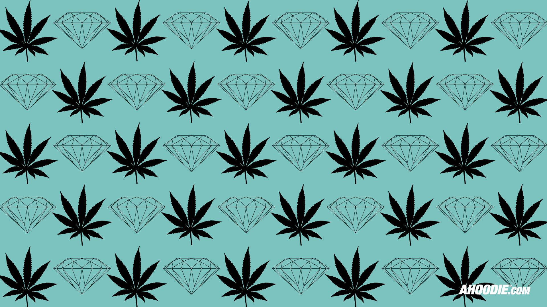 Diamond Supply Co 鑽石圖案 壁紙 — 黑色大麻葉和鑽石輪廓在青綠色背景上重複網格排列。