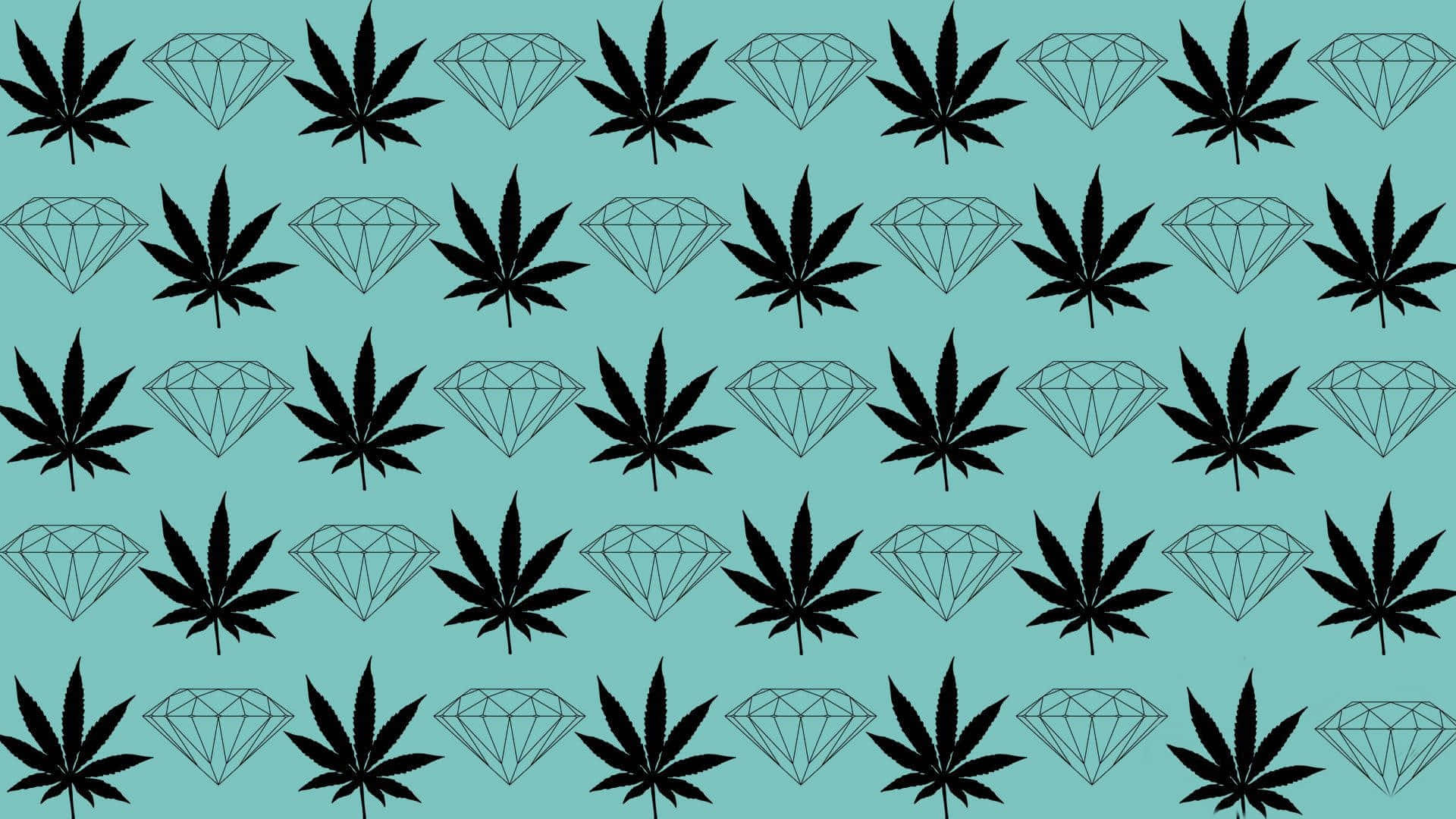 黑色大麻葉和鑽石在青綠色圖案中重複。