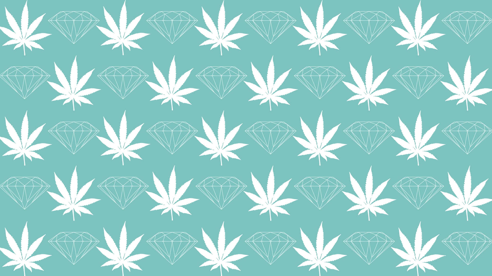 青綠色背景上重複出現的白色大麻葉和鑽石輪廓。