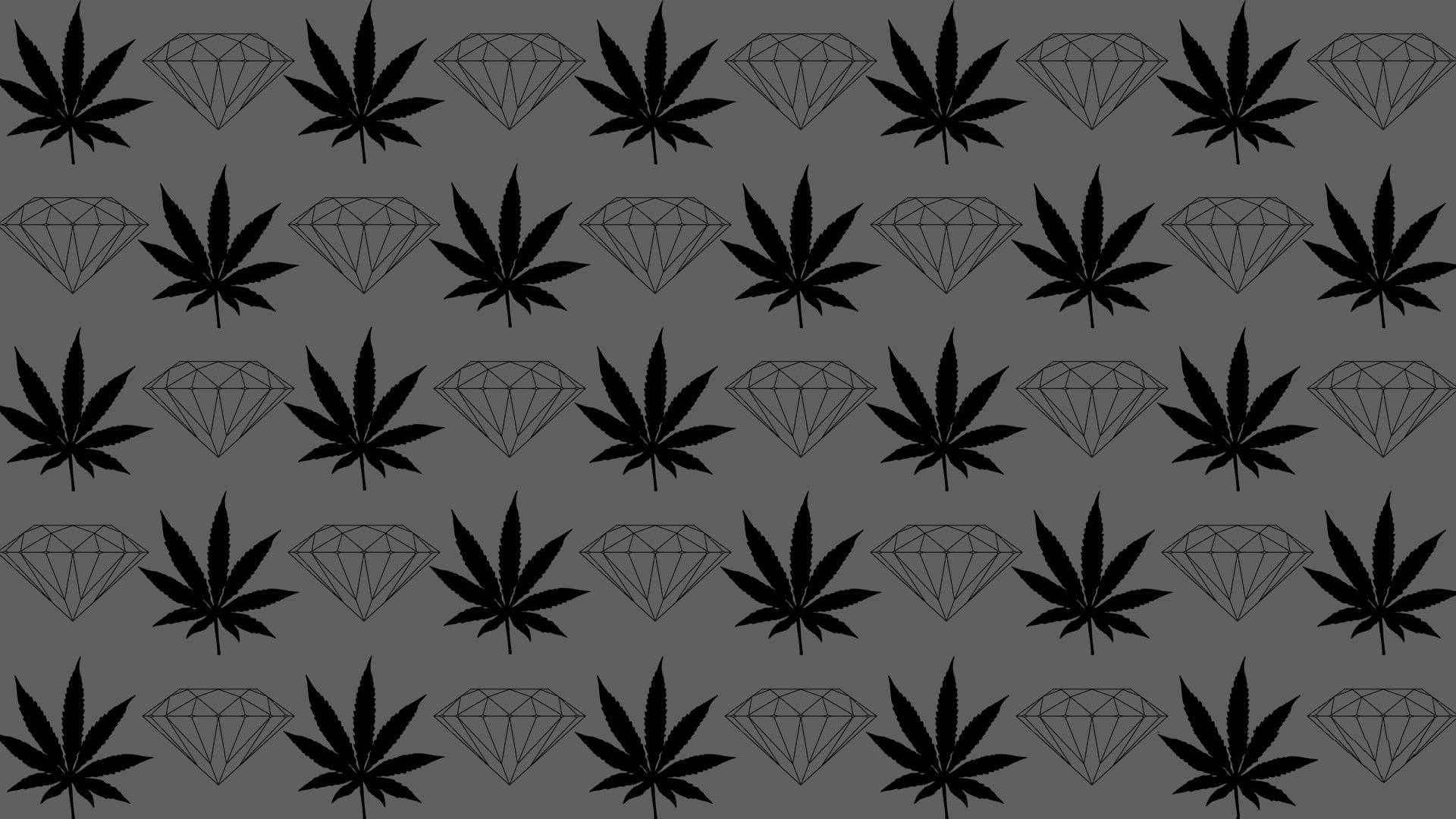 Diamond Supply Co 灰色圖案 壁紙 — 在深灰色背景上重複出現的黑色大麻葉和鑽石輪廓圖案。