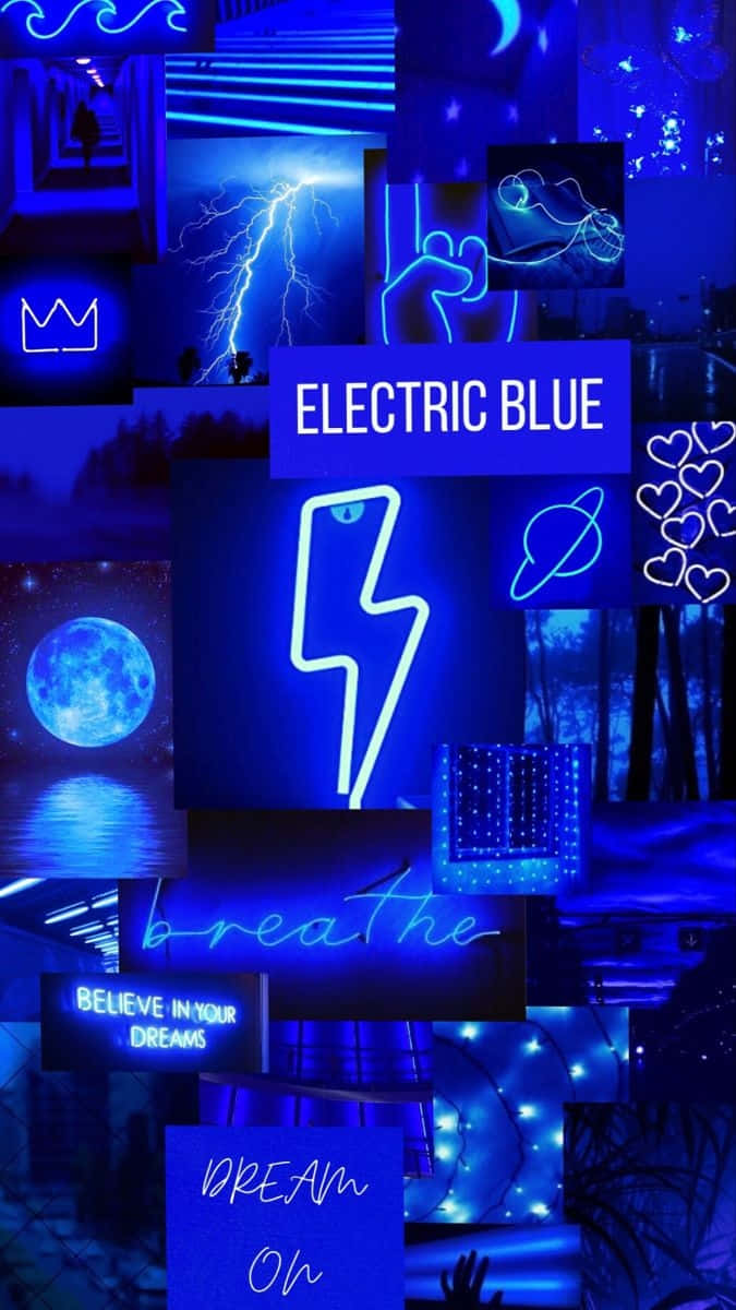  壁紙 — 一幅充滿活力的電光藍拼貼畫，帶有霓虹閃電、心形、月亮和勵志文字，呈現夢幻的賽博龐克美學。
