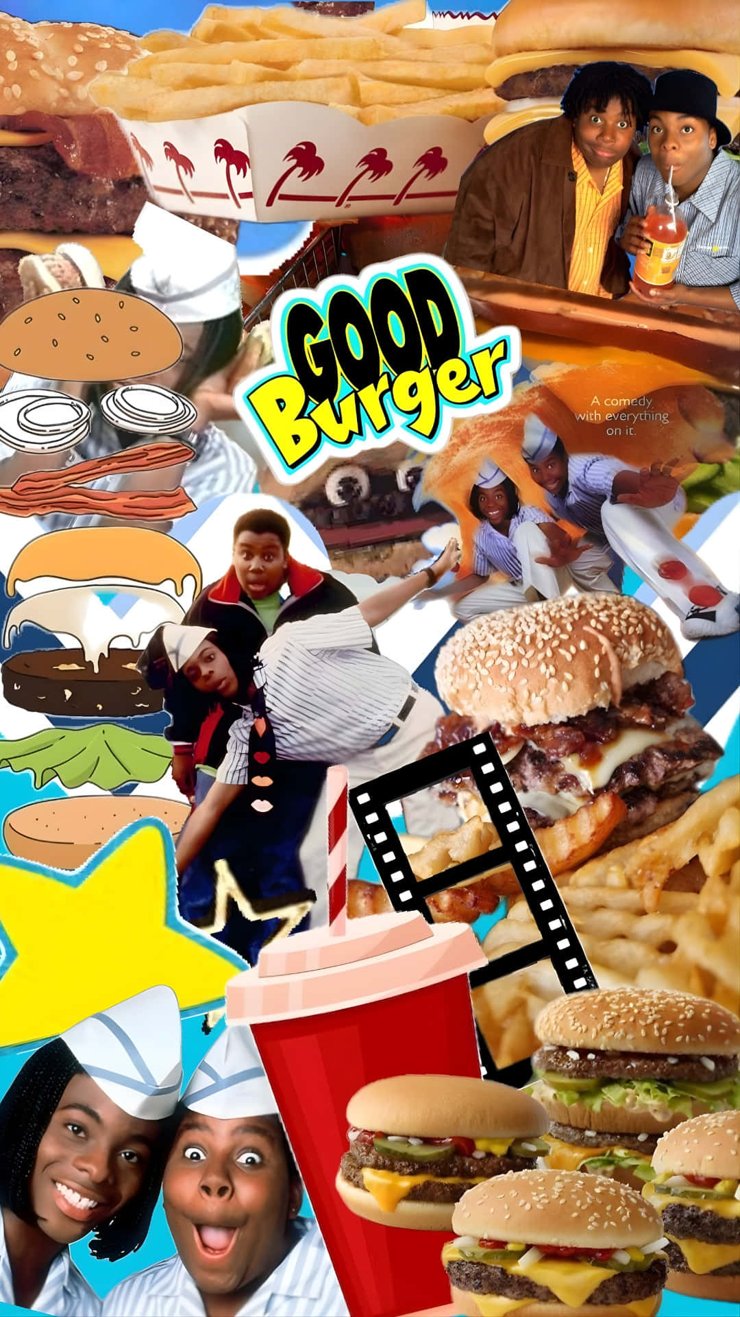  壁紙 — 電影《Good Burger》中快餐漢堡、薯條和微笑演員的充滿活力的拼貼畫。