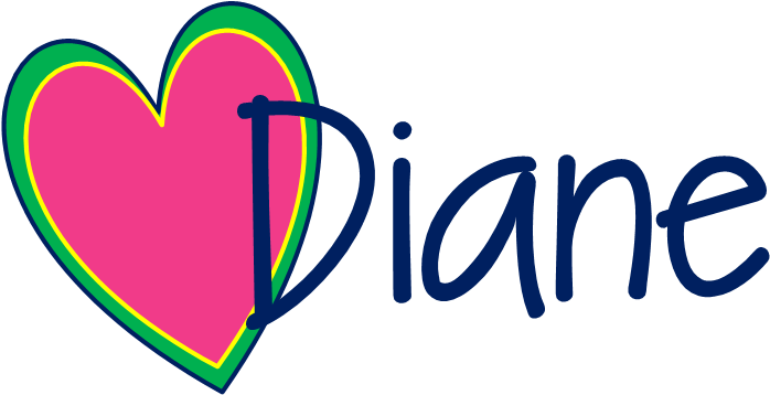 Diane Heart 標誌 壁紙 — 一個帶有綠色和黃色輪廓的鮮豔粉紅色心形，旁邊是黑色背景上以粗體藍色字體書寫的名字Diane。