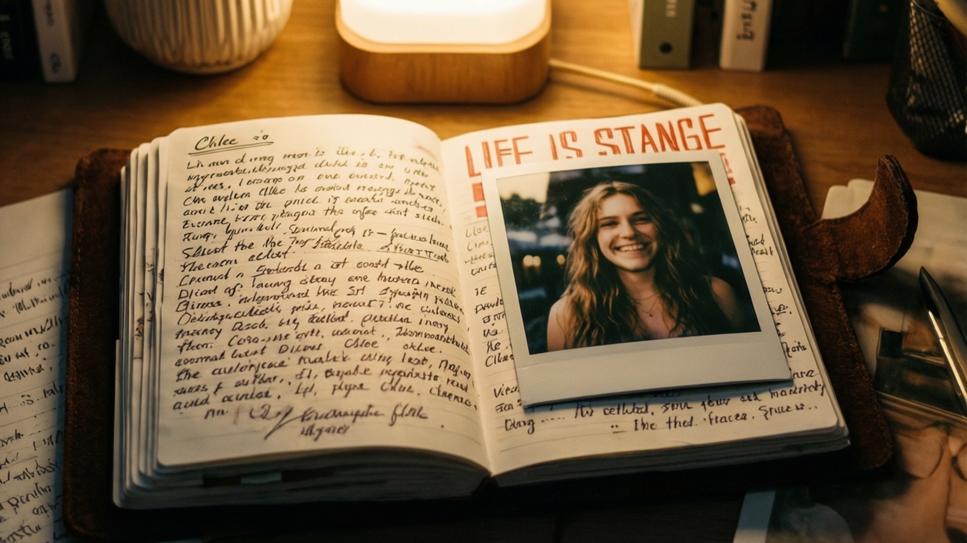 一本帶有手寫筆記和標題為「LIFE IS STRANGE」的微笑女子寶麗來照片的筆記本