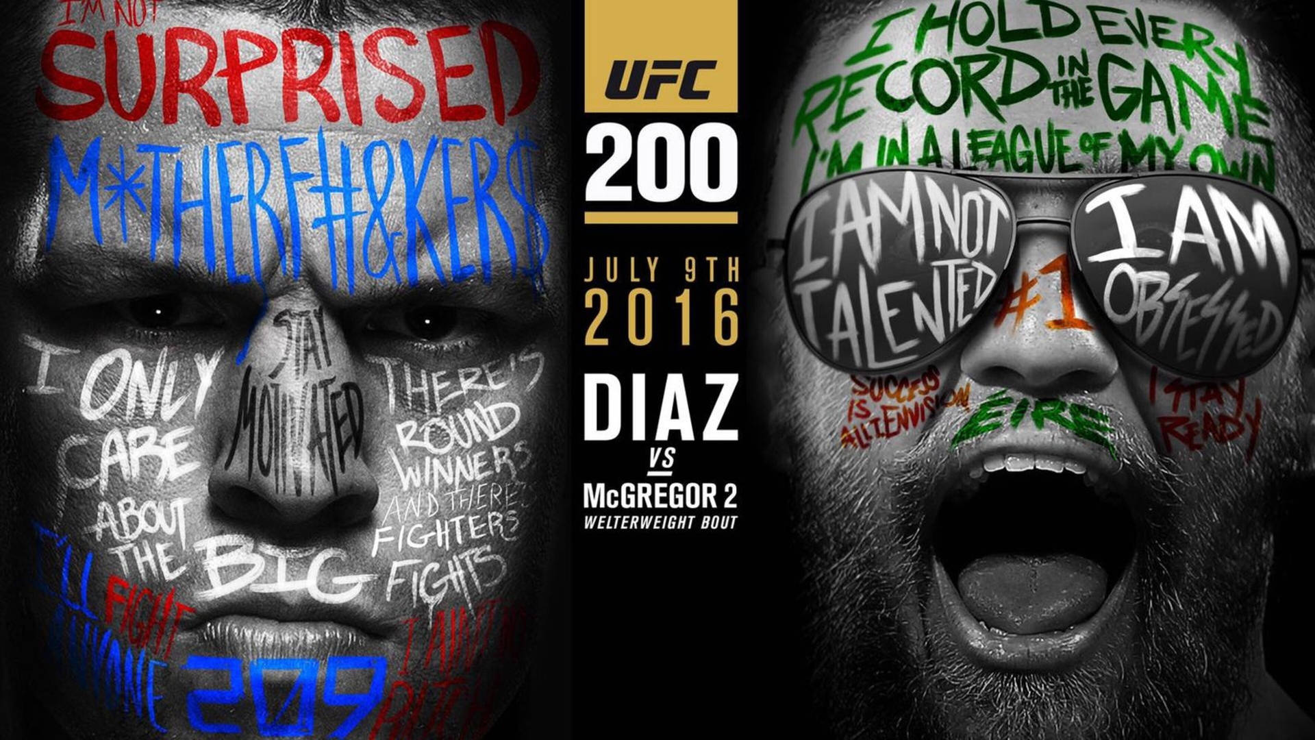 UFC 200海報，兩名拳手帶有臉部彩繪和標語。