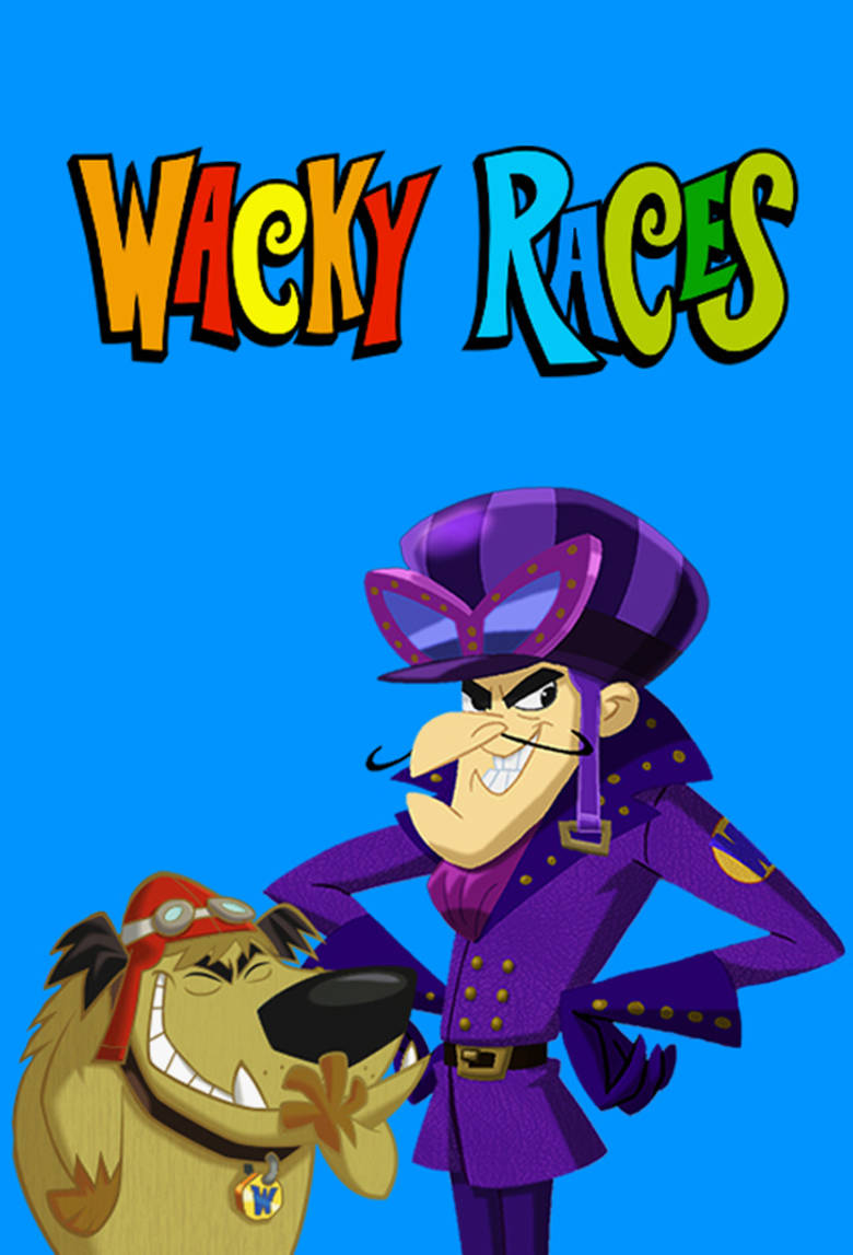 美國卡通 Dick Dastardly 與 Muttley 壁紙 — 兩個來自《Wacky Races》的卡通角色在明亮的藍色背景前頑皮地咧嘴笑。