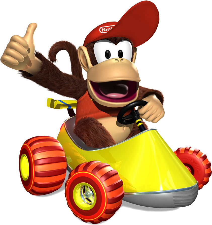 Diddy Kong Racing 比讚 壁紙 — 一隻戴紅帽的快樂猴子駕駛著一輛帶橙色輪胎的亮黃色高卡車，豎起大拇指。