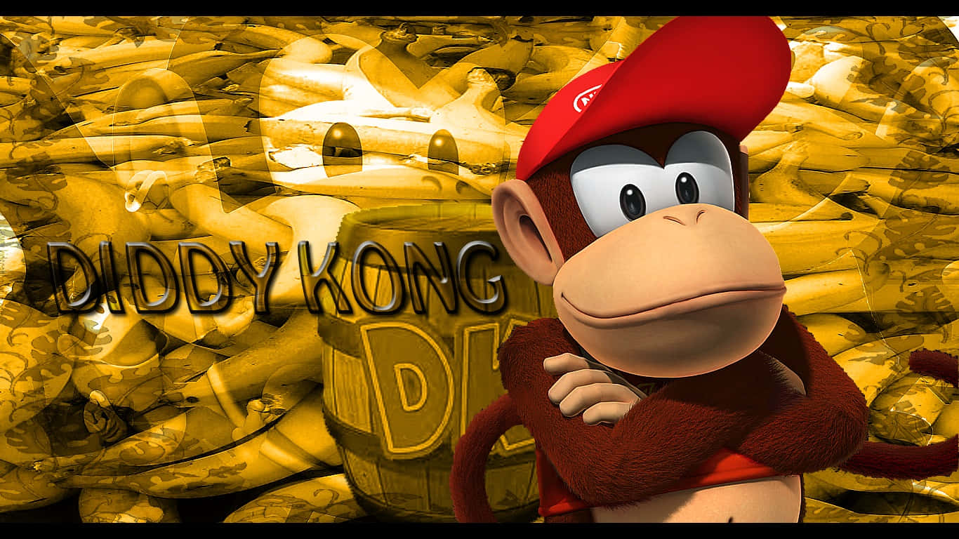 Diddy Kong 桌布 壁紙 — Diddy Kong自信地站在一堆金色香蕉前面，旁邊有一個標有Diddy Kong的桶。