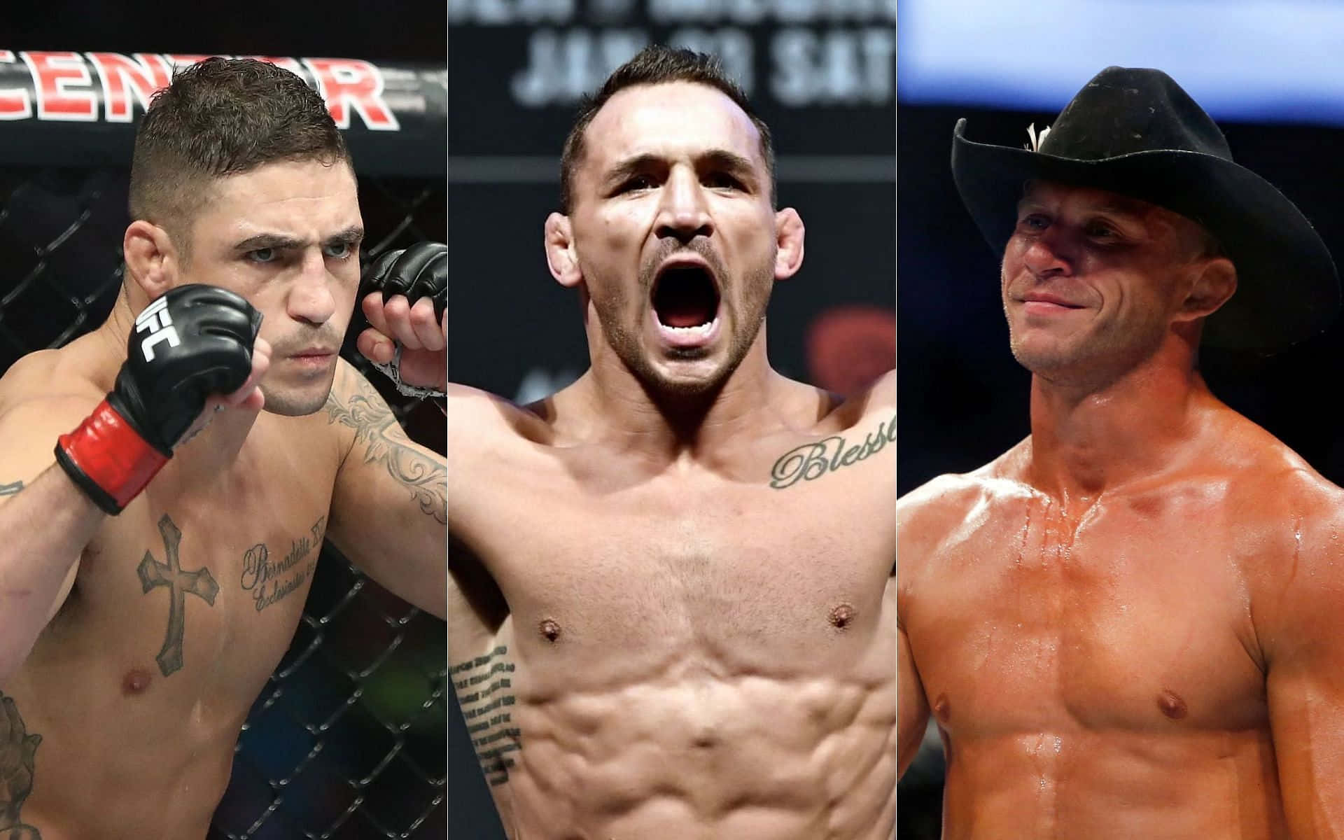 三位赤裸上身的男性MMA拳手在籠中，一位大喊，一位專注，一位戴牛仔帽微笑。