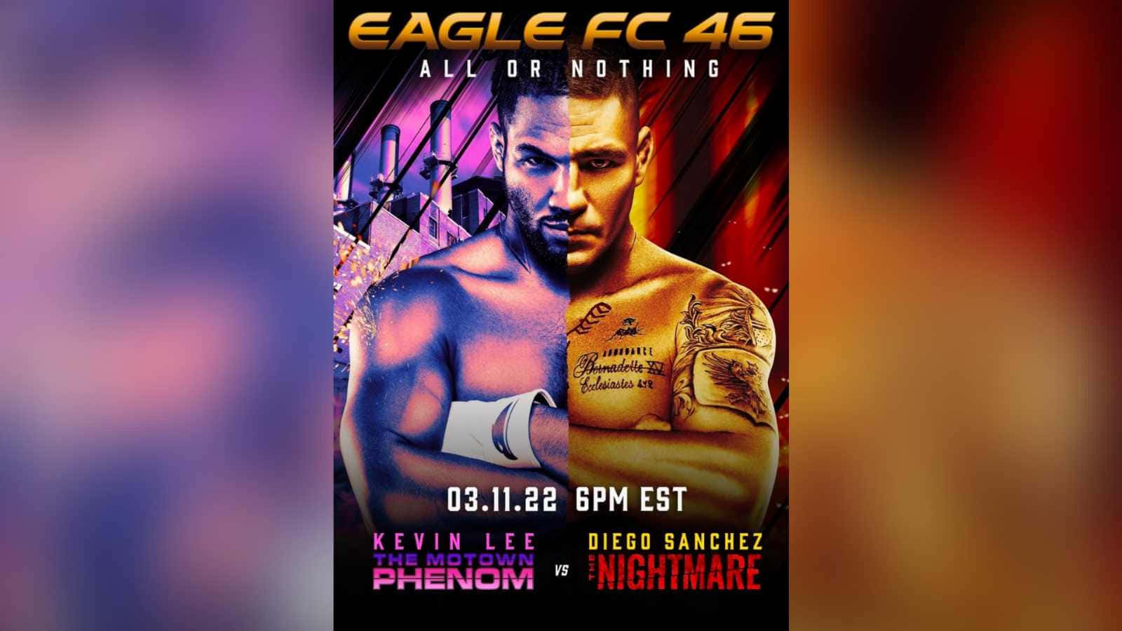 Eagle FC 46 賽事的雙色海報中，一位紋身 MMA 戰士。