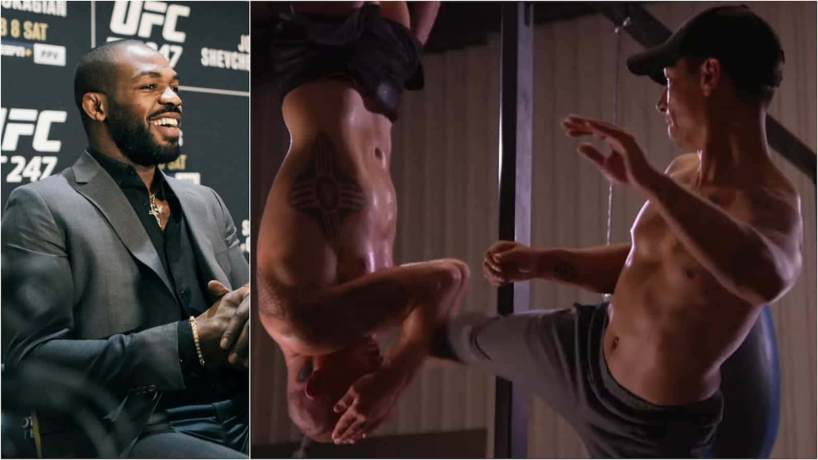 微笑的UFC拳手旁邊是一位赤裸上身的運動員在訓練中進行高踢。
