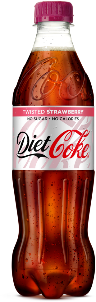 Diet Coke Twisted Strawberry 瓶 壁紙 — 一瓶冰凍的健怡可樂扭紋士多啤梨口味，在彎曲的塑膠表面上顯示冷凝水滴。