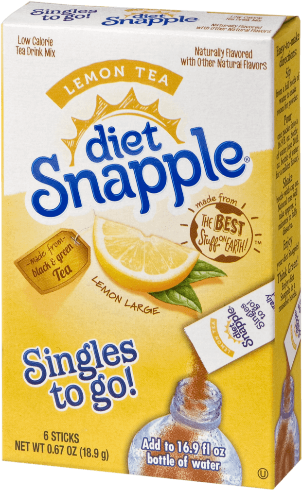 Diet Snapple檸檬茶飲料混合包 壁紙 — 一盒亮黃色的 Diet Snapple 檸檬茶單包沖劑，附有檸檬片和綠茶標籤。