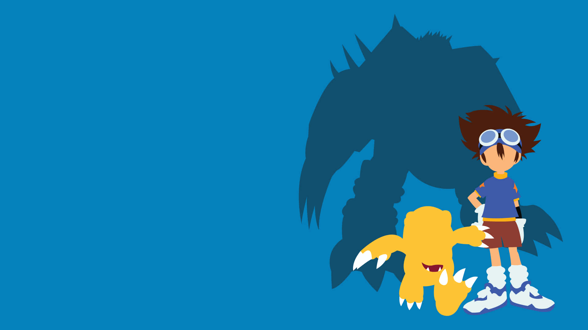 Digimon角色的特寫臉龐 壁紙 — 一個男孩和他的黃色數碼暴龍夥伴勇敢地站在一個迫近的黑暗陰影前，背景是純藍色。