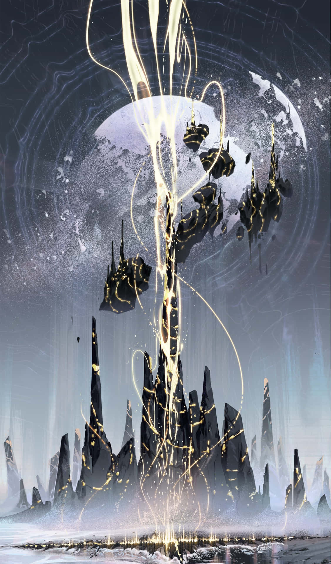  壁紙 — 數碼藝術奇幻景觀，鋸齒狀的黑色尖塔從冰封地面噴湧而出，在旋轉的宇宙背景下被金色能量流照亮。