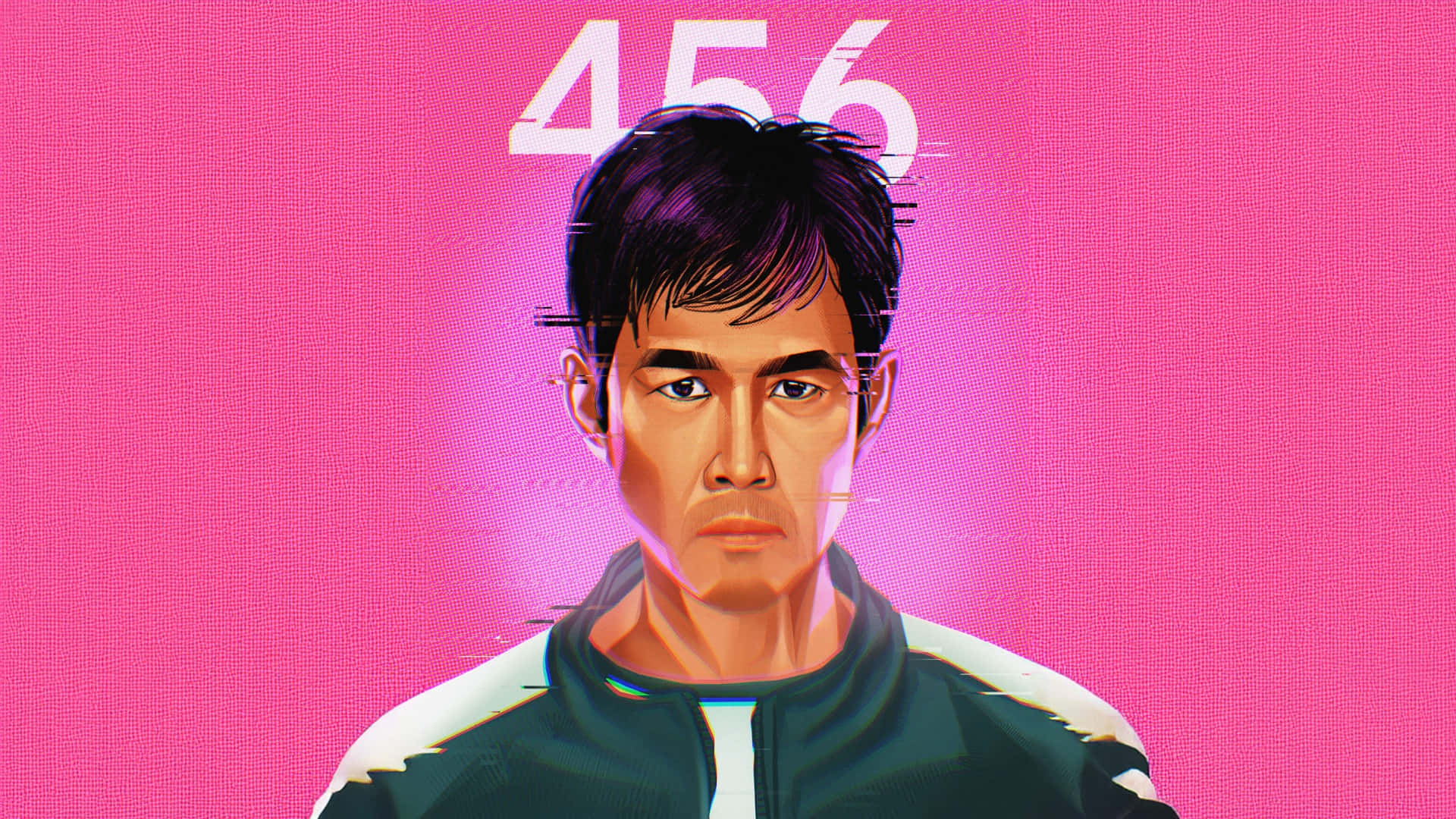  壁紙 — 一個數碼藝術肖像，一名男子穿著綠色運動服，背景是鮮豔的粉紅色，頭頂上方有一個帶有故障效果的數字456。