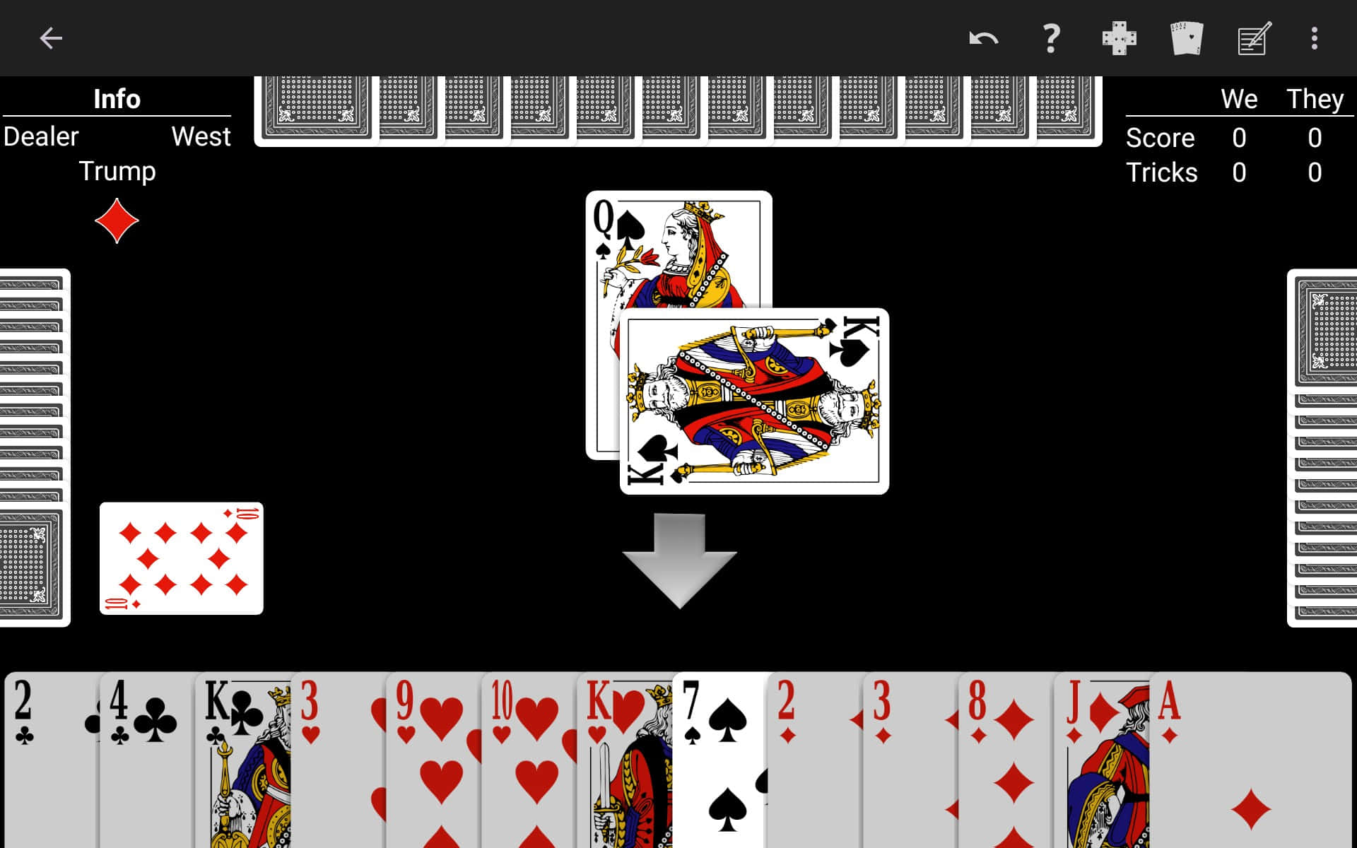 Whist 桌布 壁紙 — 數碼卡牌遊戲界面，顯示移動中的撲克牌，附有分數和王牌花色指示器。