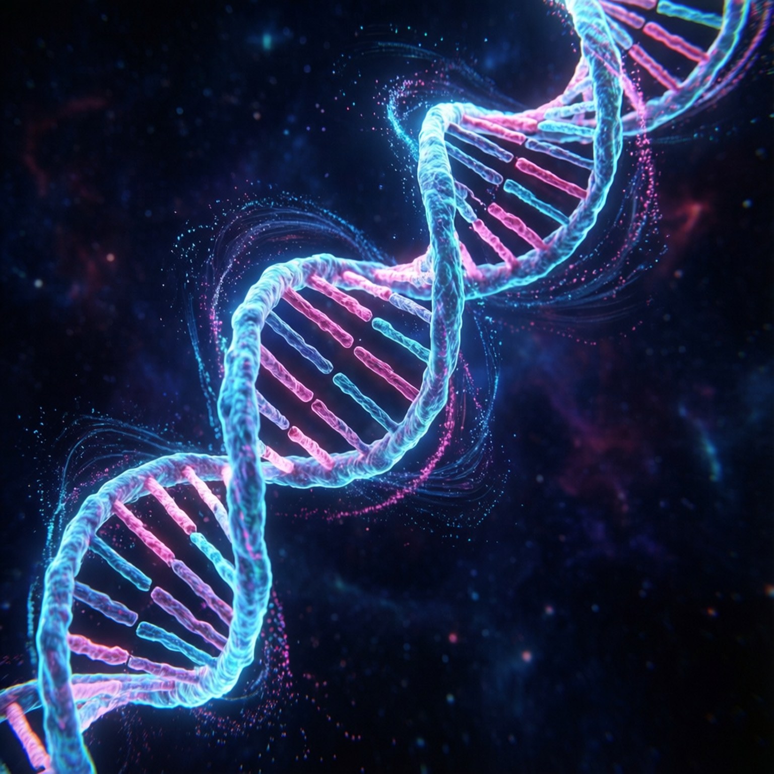 在宇宙空間中發光的DNA雙螺旋，帶有藍色和粉紅色光效