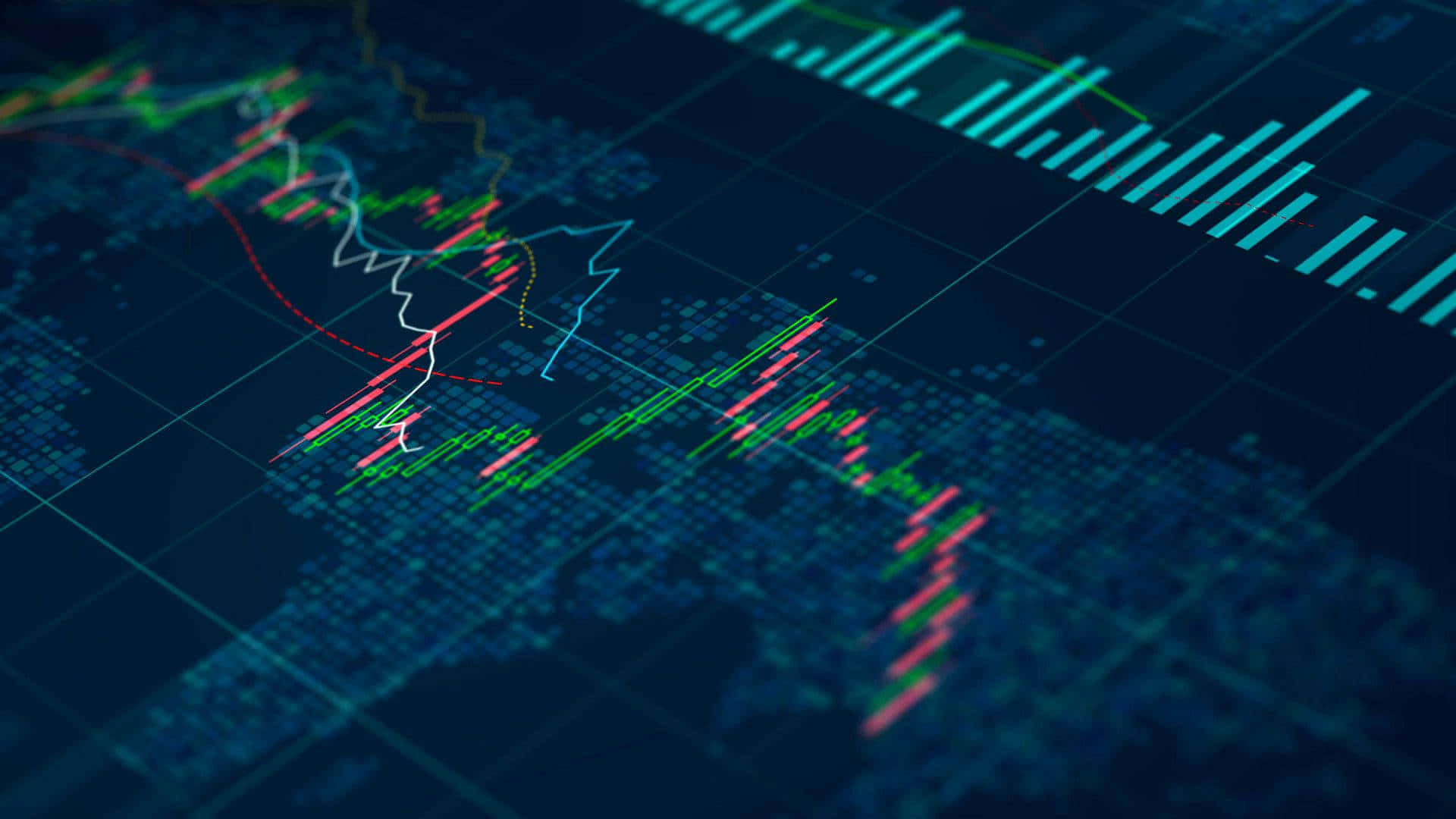 金融市場數據以燭台圖表形式顯示在世界地圖上。