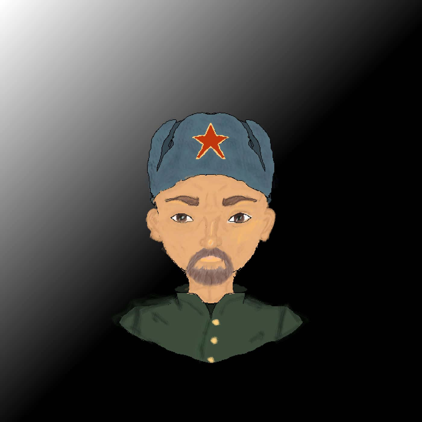  壁紙 — 一個留鬍鬚的男人嘅數碼插圖，戴住藍色帽上面有粒紅色星，着住綠色衫，背景係漸變灰色。