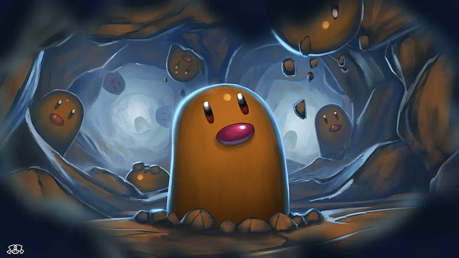 洞穴中的Diglett環繞四周 壁紙 — 一個可愛的橙色波波生物，有大眼睛和粉紅色舌頭，站在一個黑暗的洞穴中，周圍有較小的波波。