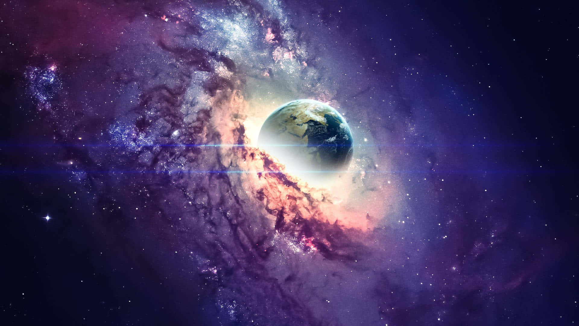  壁紙 — 地球在紫色、粉紅色和藍色的旋轉星雲以及閃爍的星星中寧靜地漂浮。