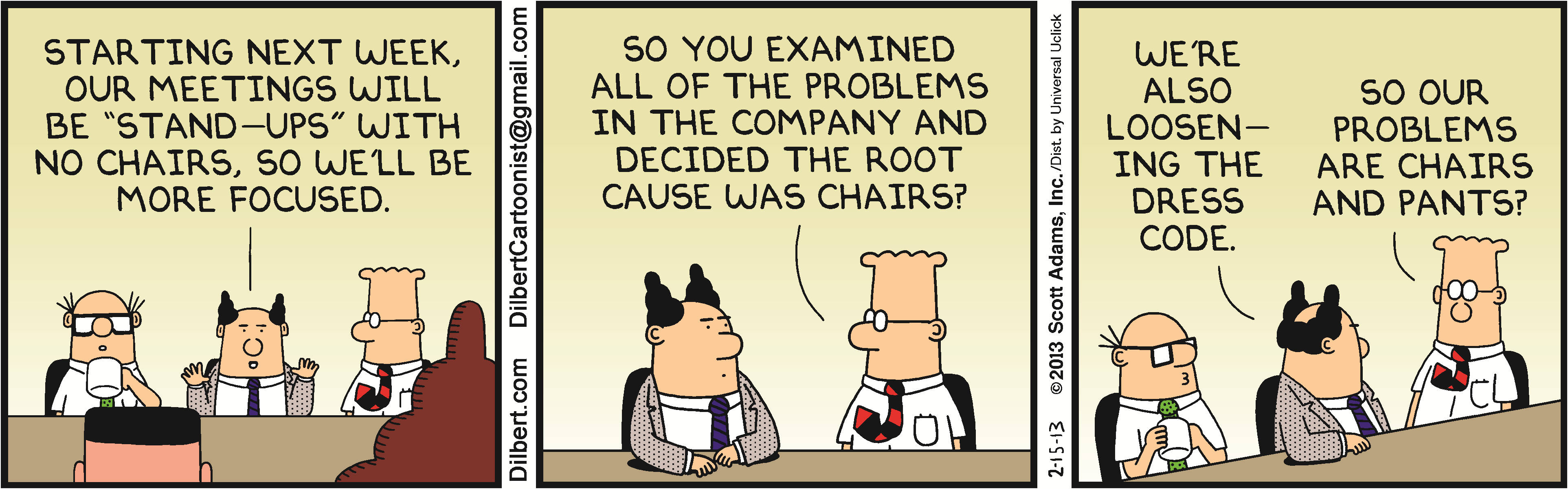 Dilbert 漫畫：關於員工如何專注 壁紙 — 辦公室員工在會議中幽默地將公司問題歸咎於椅子和著裝規範。