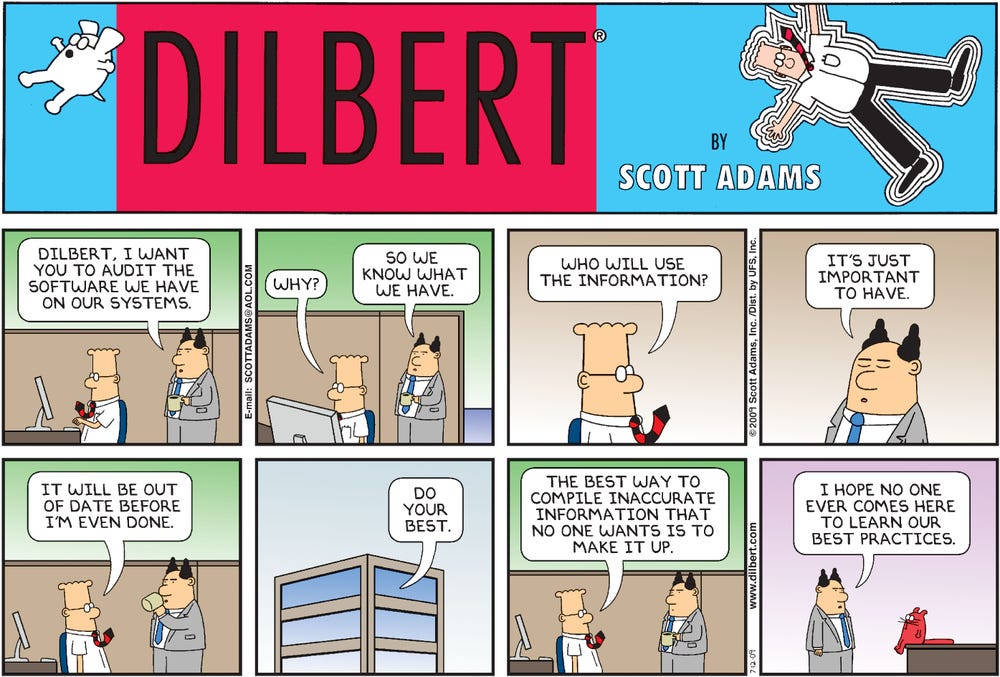 Dilbert漫畫：軟體審計與最佳實踐 壁紙 — 漫畫條顯示Dilbert被指派審計軟件，而他的老闆優先考慮擁有數據而非實用性。