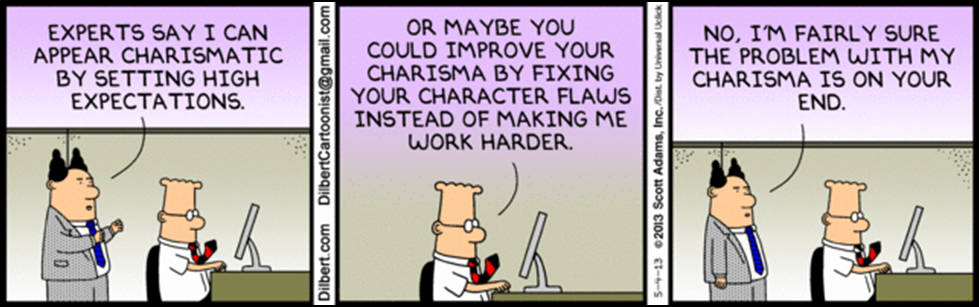 Dilbert 漫畫：辦公室職員與魅力 壁紙 — 漫畫中的兩名辦公室職員就魅力和責任進行諷刺對話。