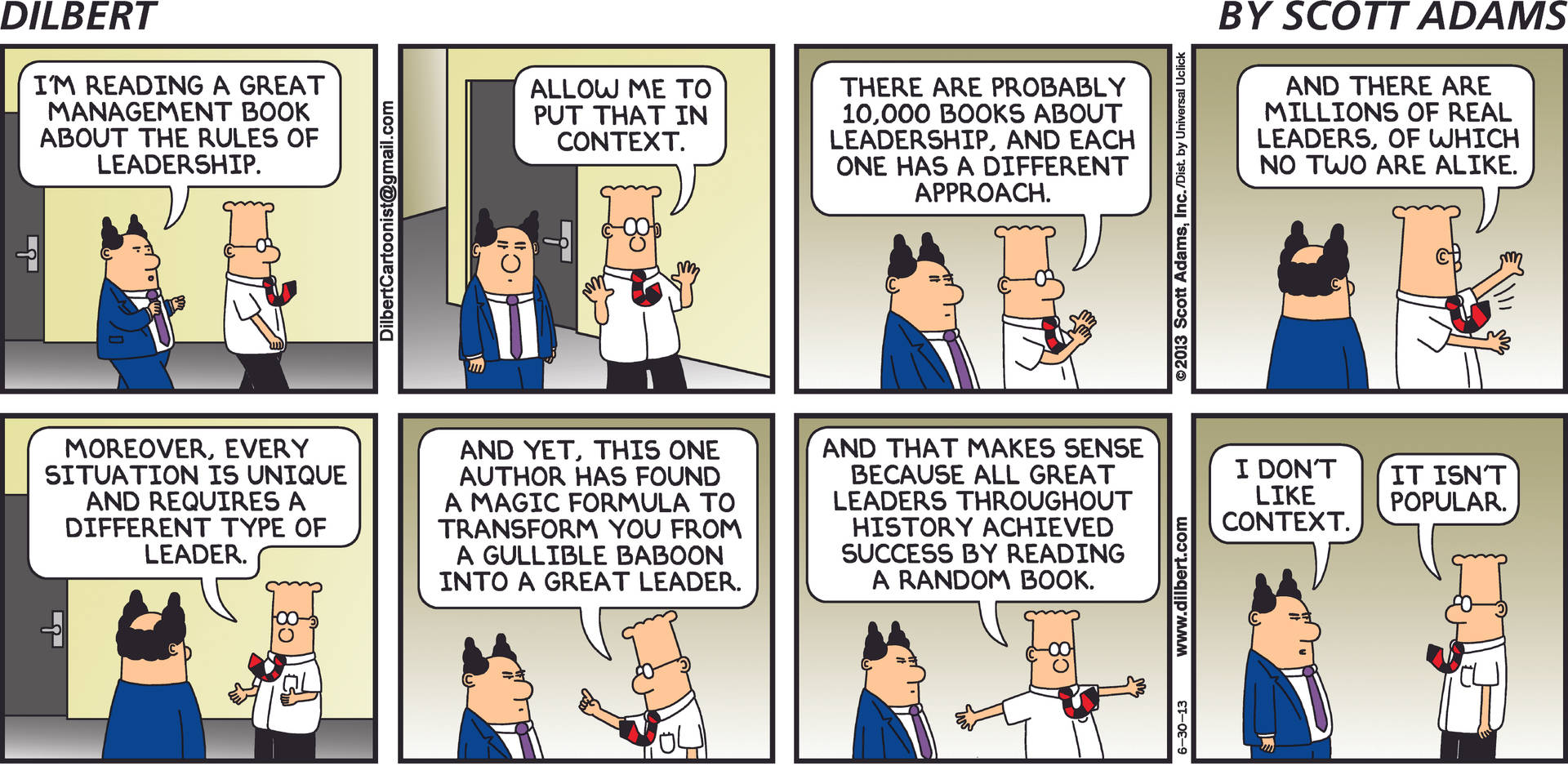 Dilbert 和一名同事在漫畫中爭論領導力書籍。
