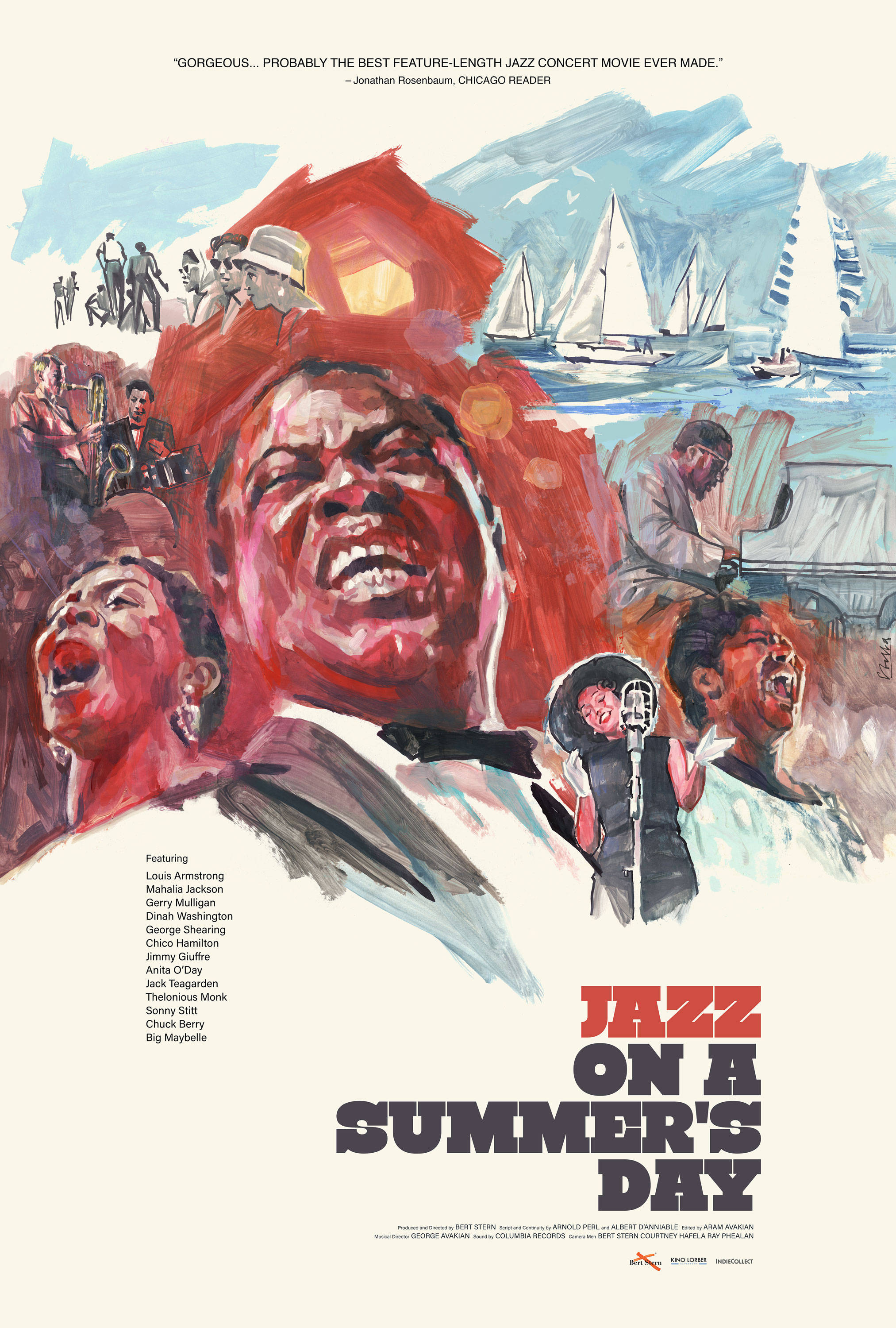Dinah Washington《夏日爵士》專輯封面 壁紙 — 充滿活力的插圖，描繪爵士音樂家在夏日海洋的帆船背景下熱情演奏。
