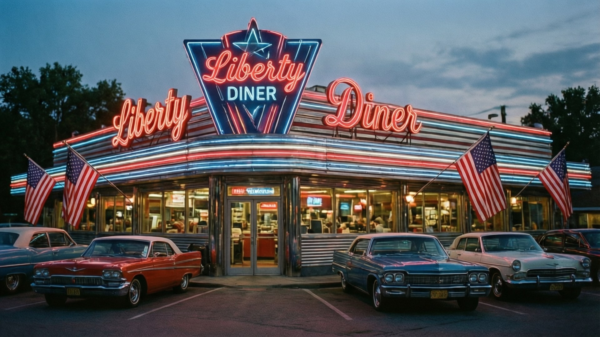 Liberty Diner 在黃昏時閃爍著霓虹燈光，復古汽車停在外面，上方飄揚著美國國旗。