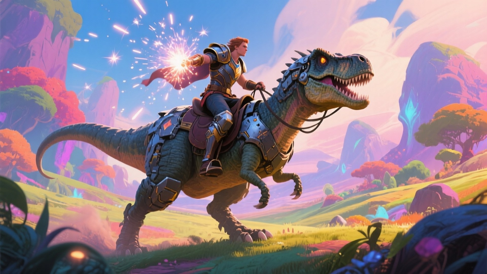 Dino Rider 壁紙 — 身穿盔甲的騎士騎著機械恐龍穿越充滿發光植物和閃爍魔法的生動外星景觀。