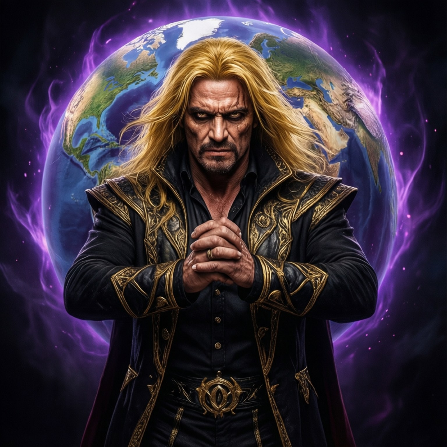 一個穿著黑金盔甲的男人站在一個發光的紫色能量球前，地球在他身後。
