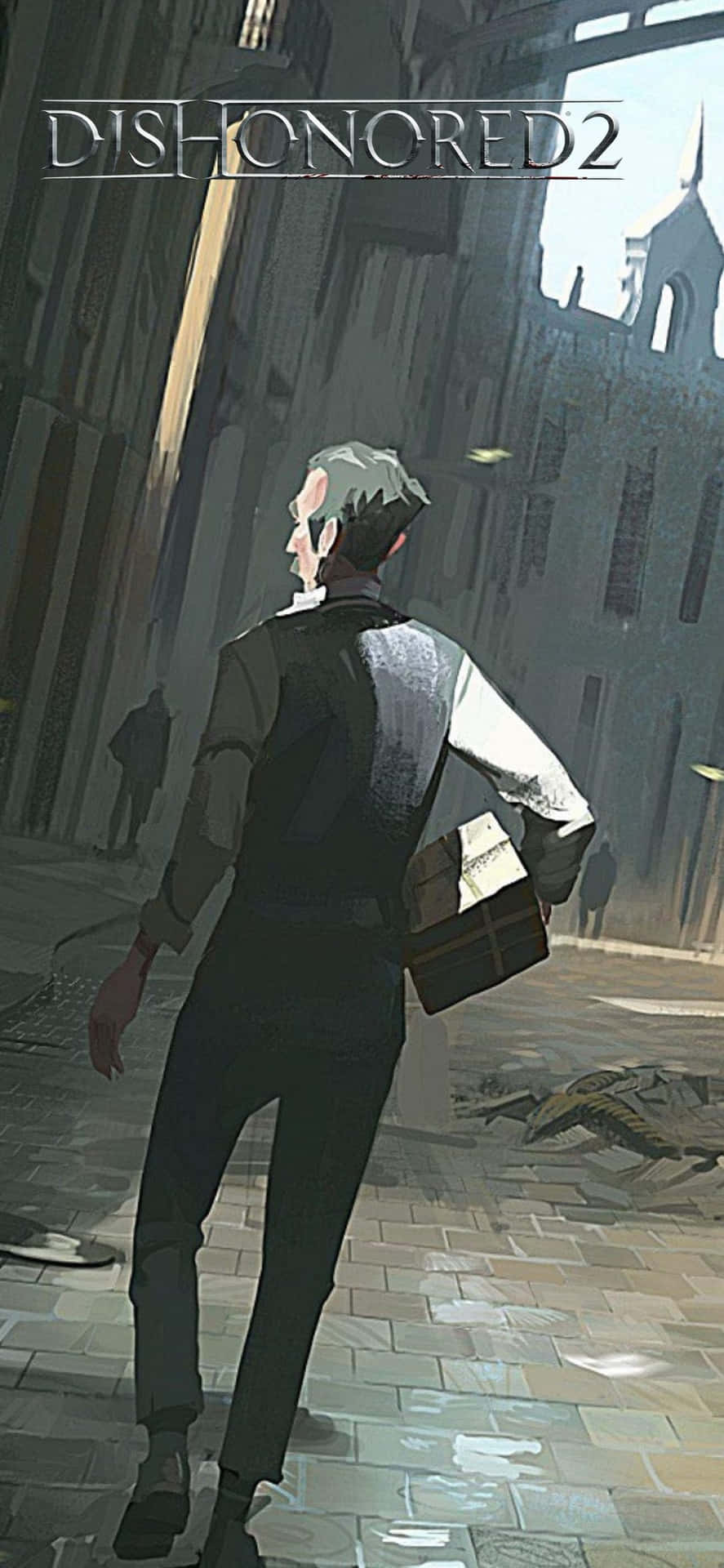一個角色在 Dishonored 2 中沿著一條狹窄的哥德式小巷行走。