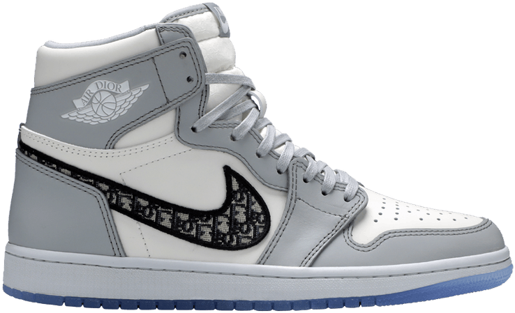 Dior x Air Jordan 1 高筒運動鞋 壁紙 — 一款高筒運動鞋，採用白色、灰色和黑色拼接設計，帶有Dior字母組合勾勾和帶翅膀的標誌，背景透明。