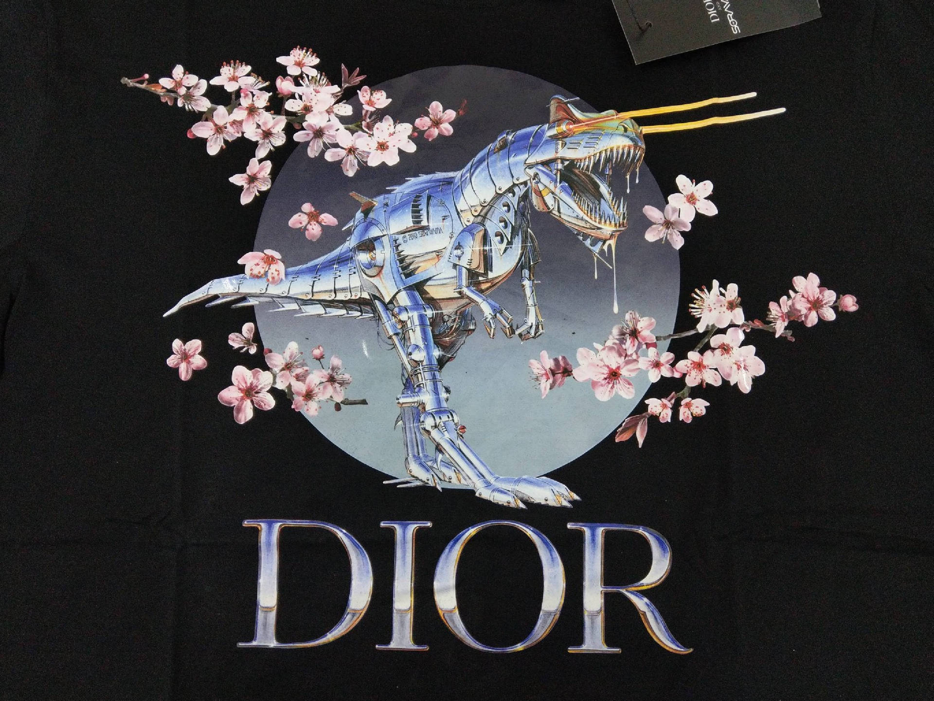 黑色DIOR T恤上，機械恐龍叼著筷子置身櫻花中。