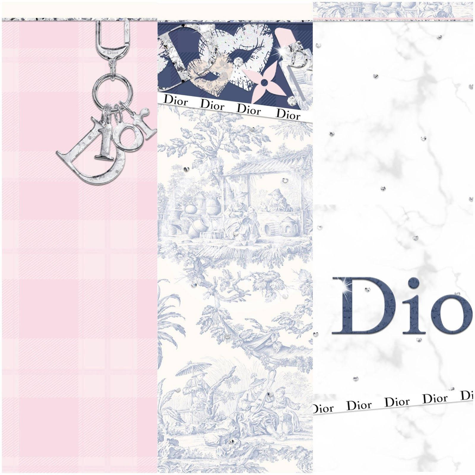 Dior品牌牆紙，帶有粉紅格子、銀色吊飾、藍色Toile圖案和水鑽大理石背景。